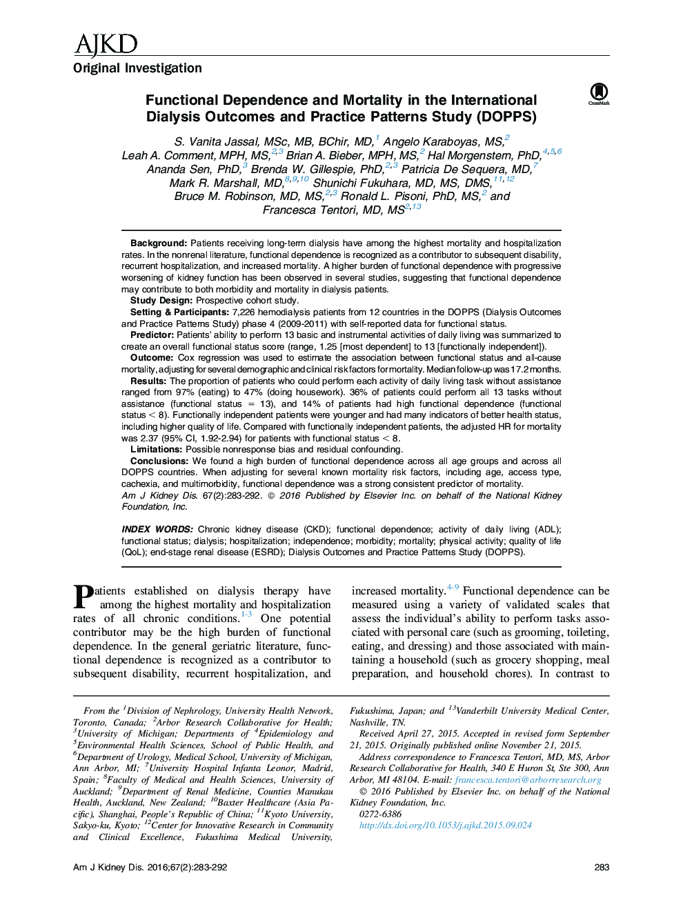 Functional Dependence and Mortality in the International Dialysis Outcomes and Practice Patterns Study (DOPPS)