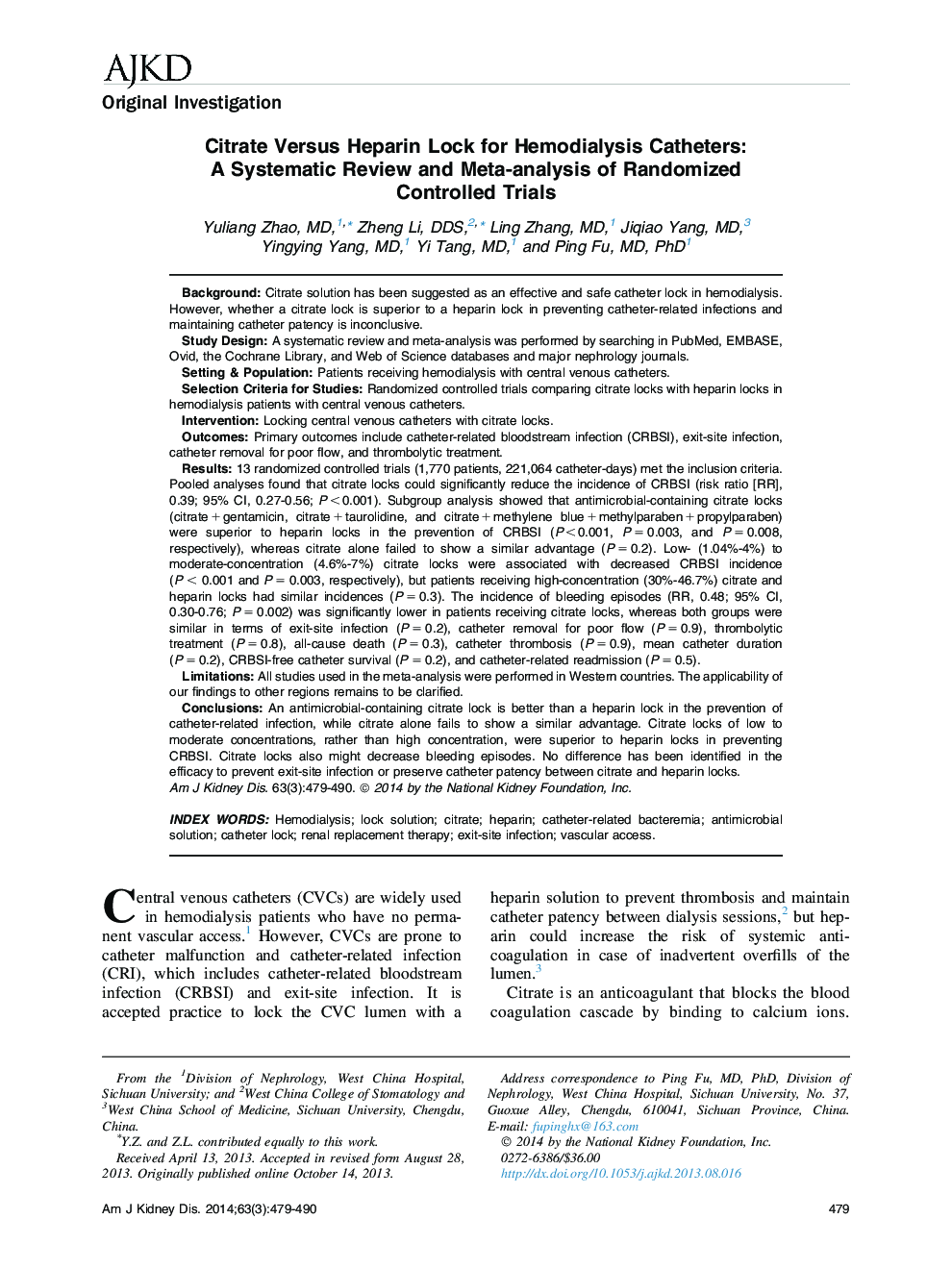 Citrate Versus Heparin Lock for Hemodialysis Catheters: A Systematic Review and Meta-analysis of Randomized Controlled Trials