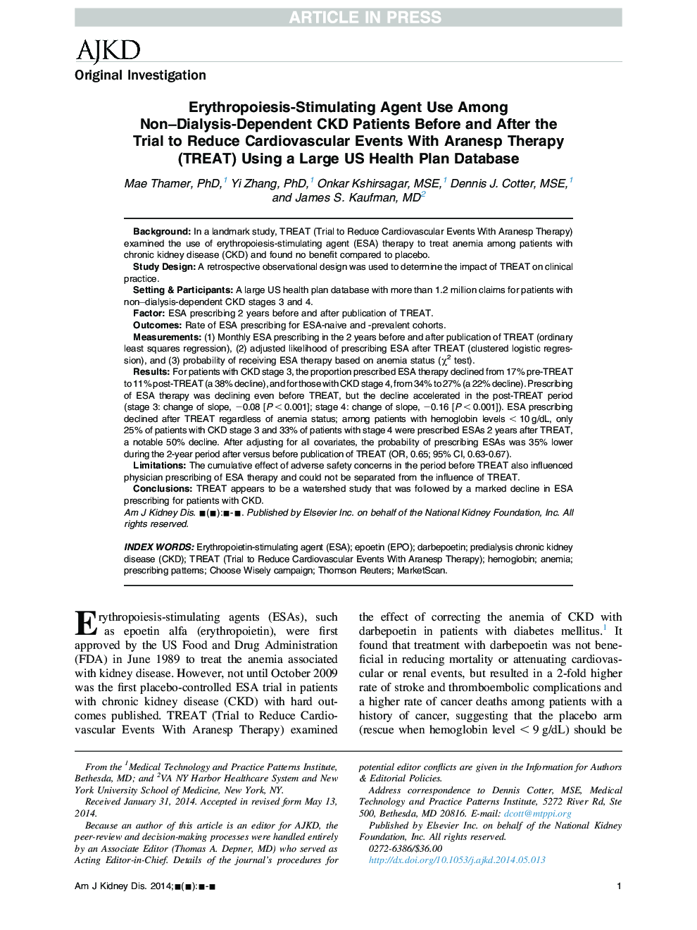 Erythropoiesis-Stimulating Agent Use Among Non-Dialysis-Dependent CKD Patients Before and After the TrialÂ to Reduce Cardiovascular Events With Aranesp Therapy (TREAT) Using a Large US Health Plan Database