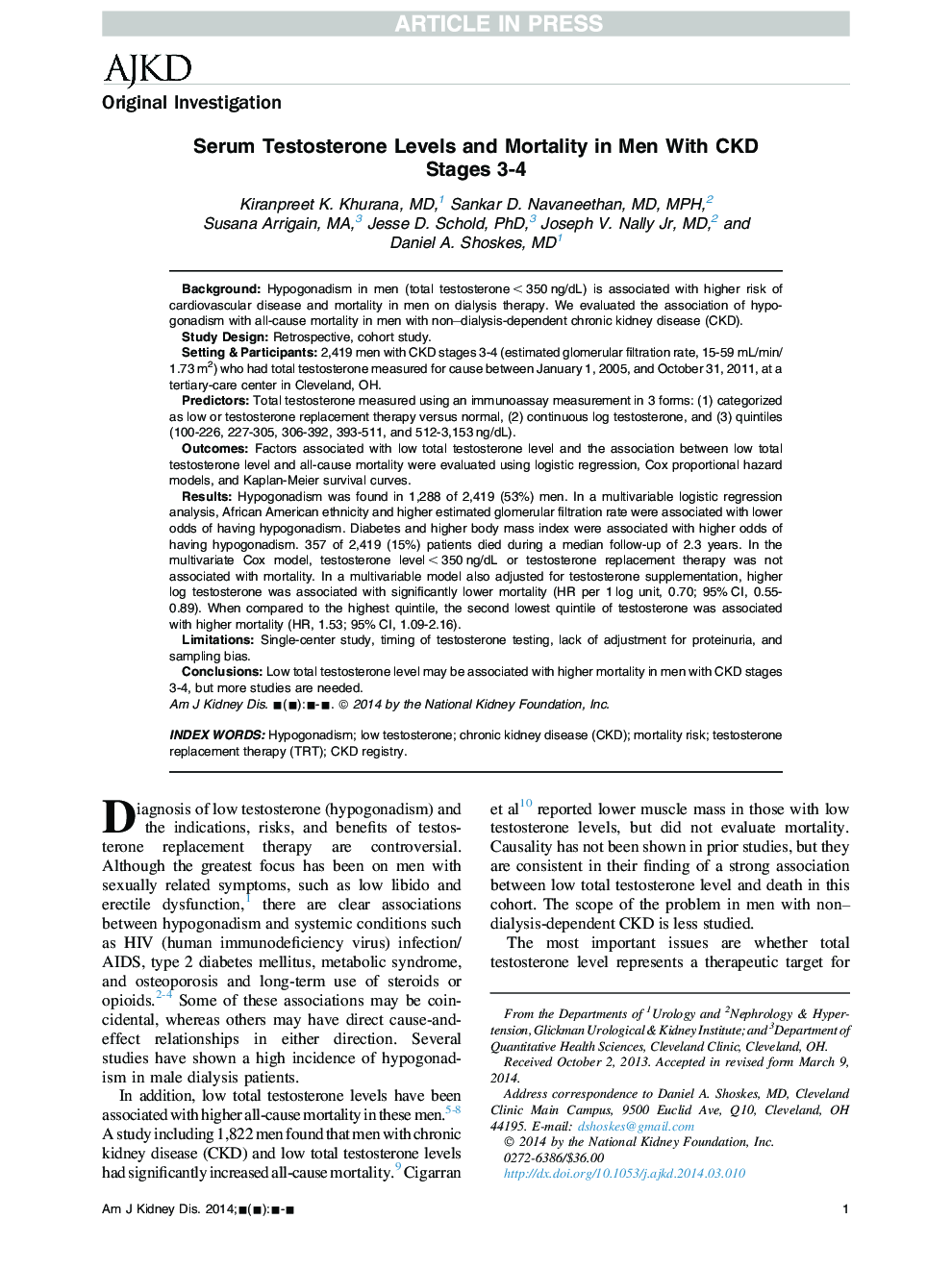 Serum Testosterone Levels and Mortality in Men With CKD Stages 3-4