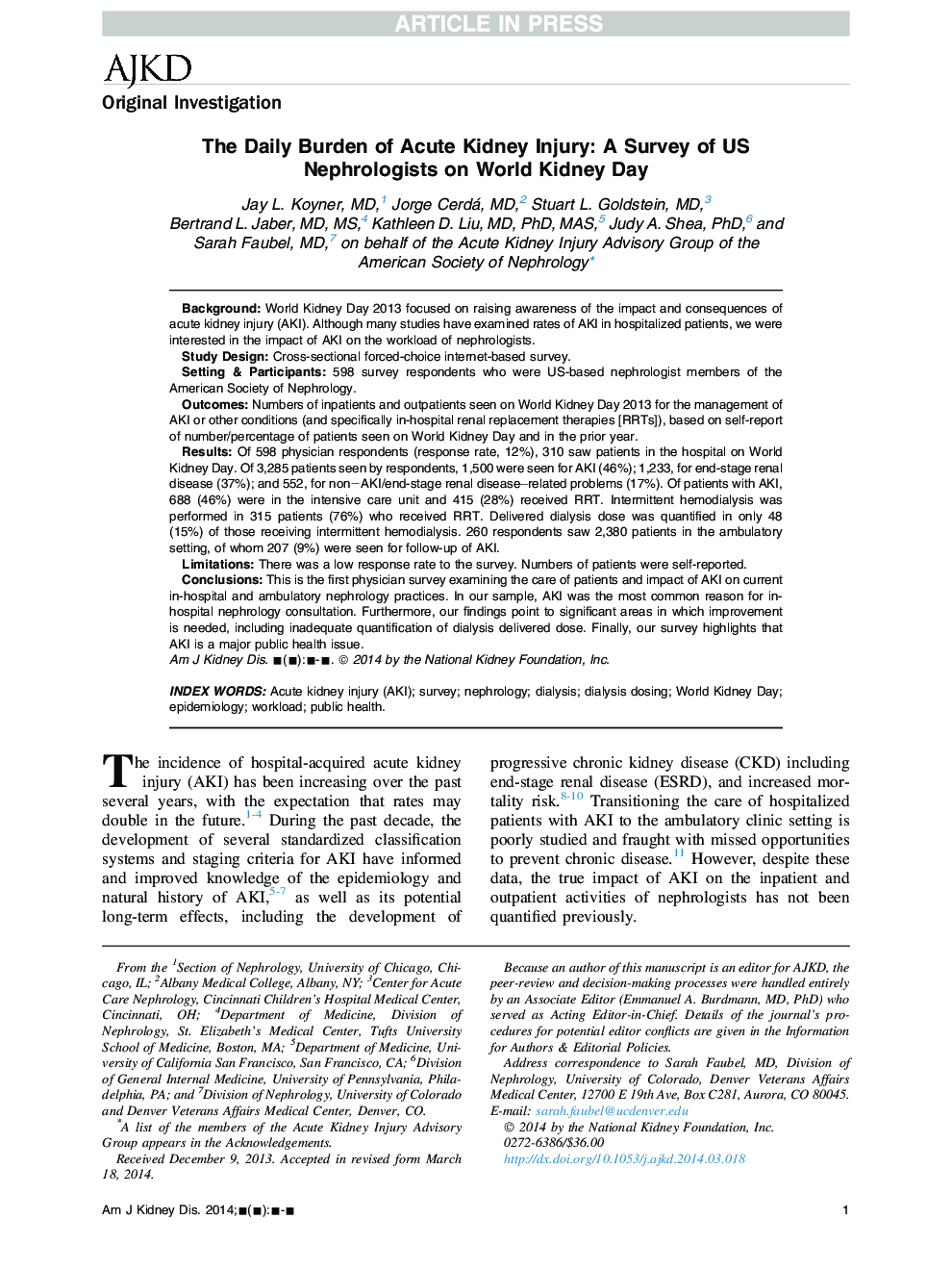 The Daily Burden of Acute Kidney Injury: A Survey of US Nephrologists on World Kidney Day