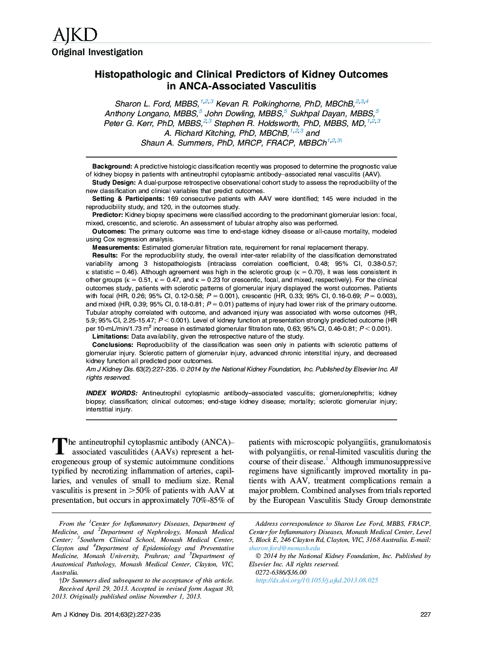 Histopathologic and Clinical Predictors of Kidney Outcomes inÂ ANCA-Associated Vasculitis