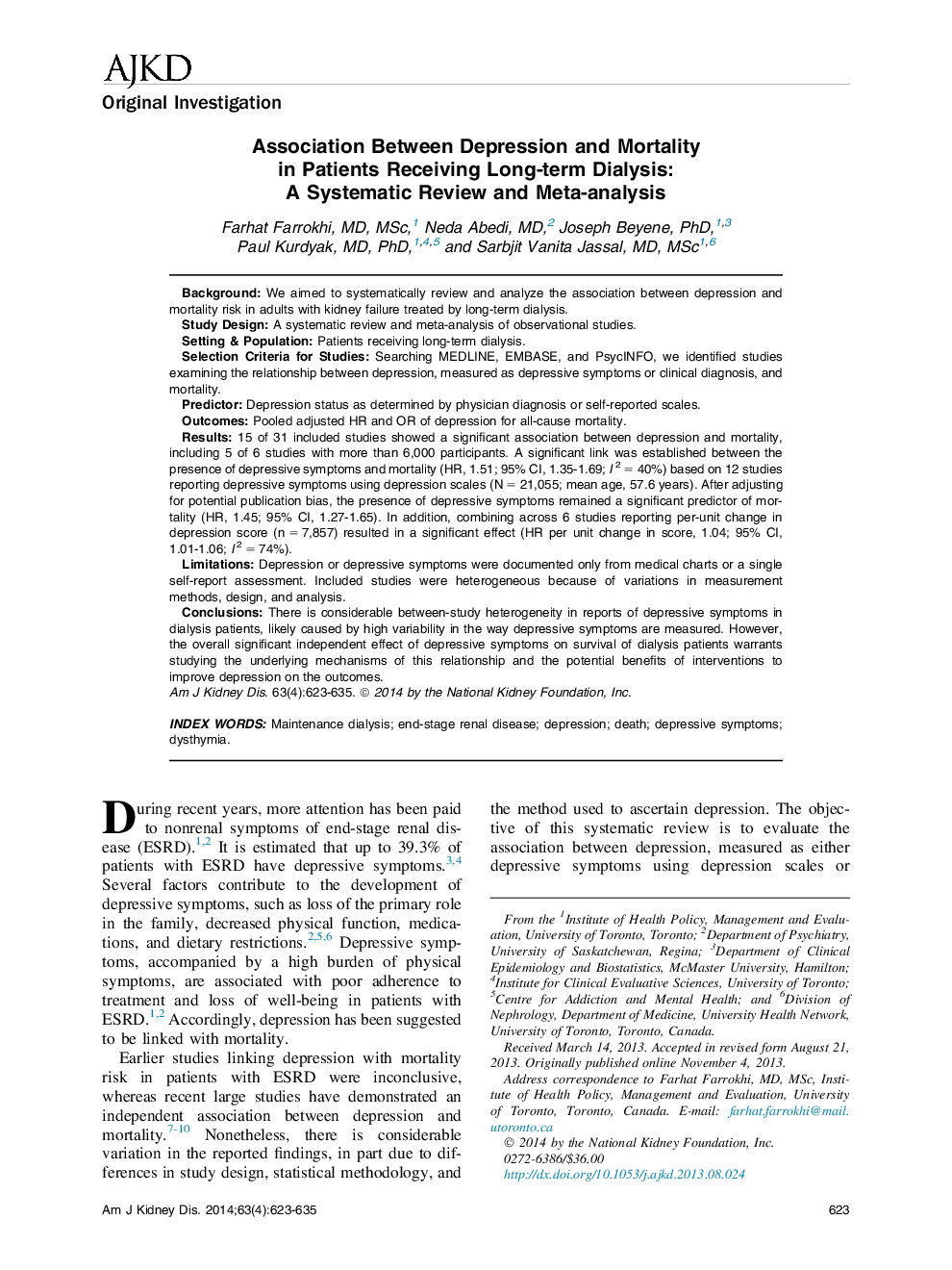 ارتباط بین افسردگی و مرگ و میر در بیماران دریافت دیالیز طولانی مدت: یک بررسی منظم و متاآنالیز 