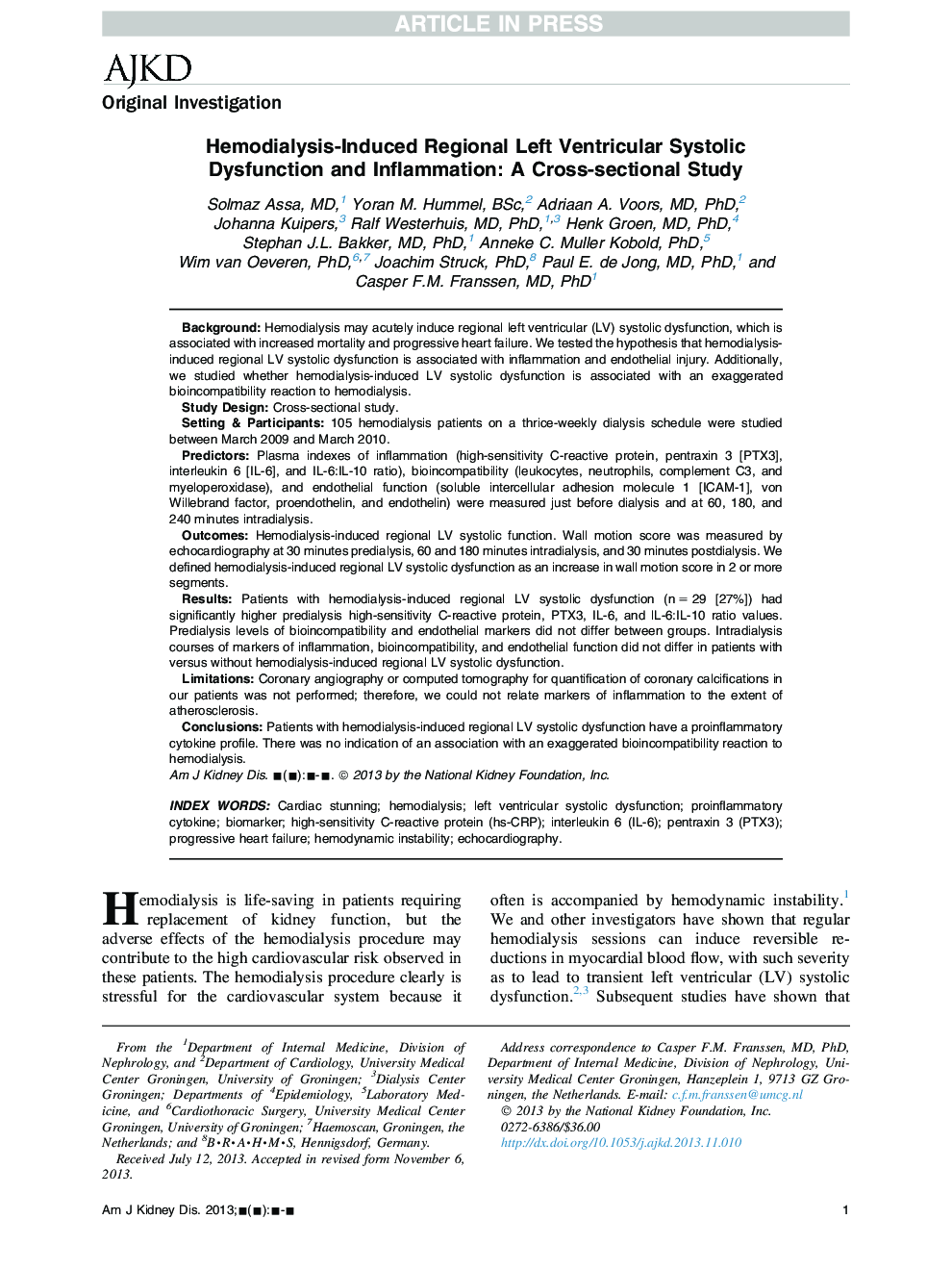 Hemodialysis-Induced Regional Left Ventricular Systolic Dysfunction and Inflammation: A Cross-sectional Study