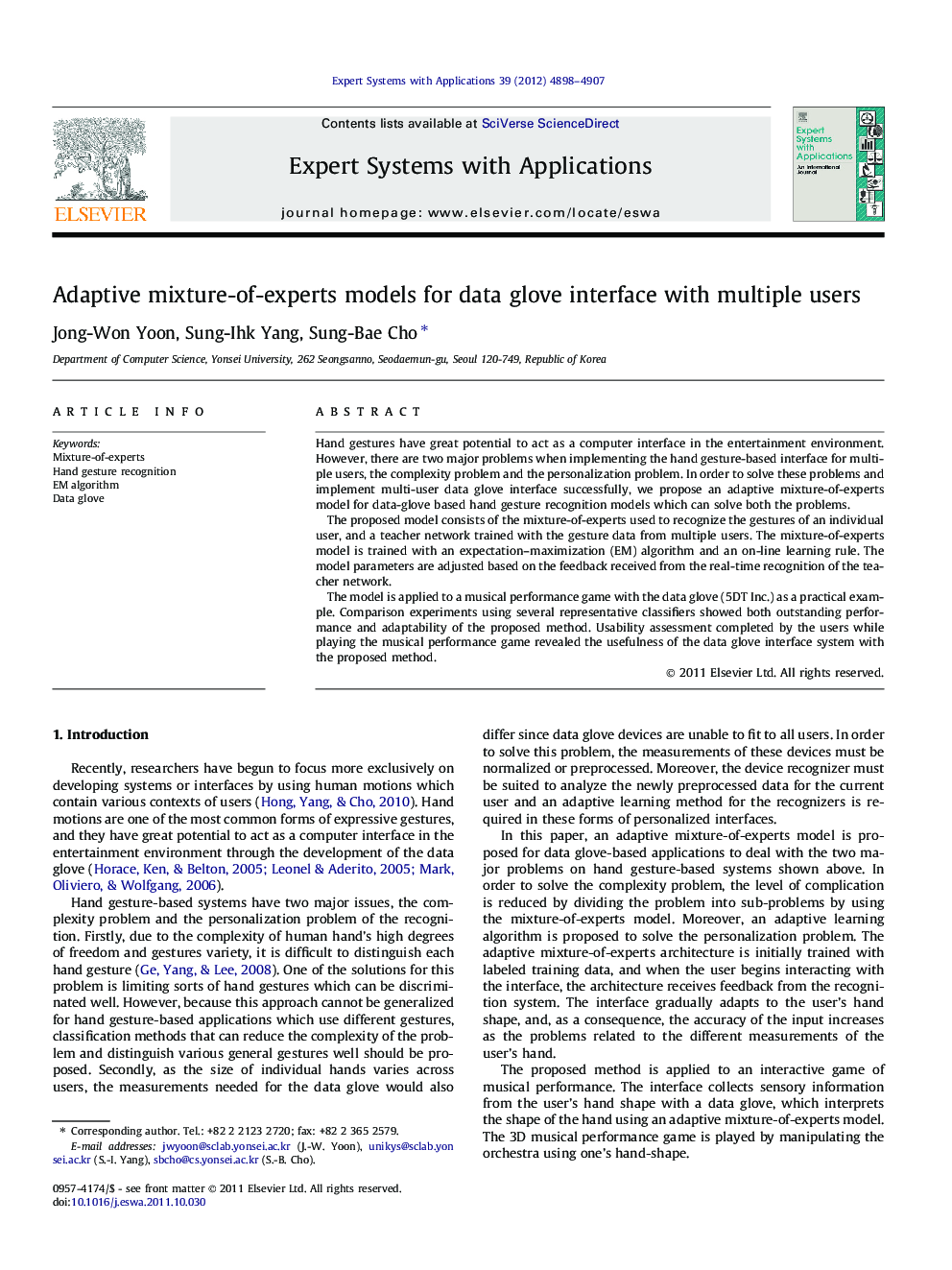 Adaptive mixture-of-experts models for data glove interface with multiple users