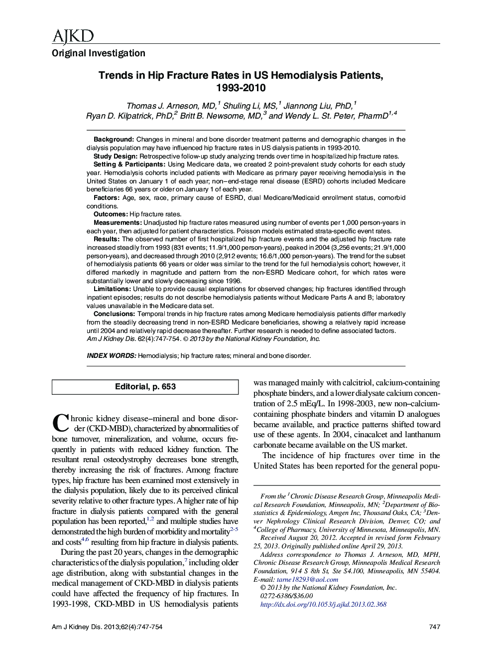 Trends in Hip Fracture Rates in US Hemodialysis Patients, 1993-2010