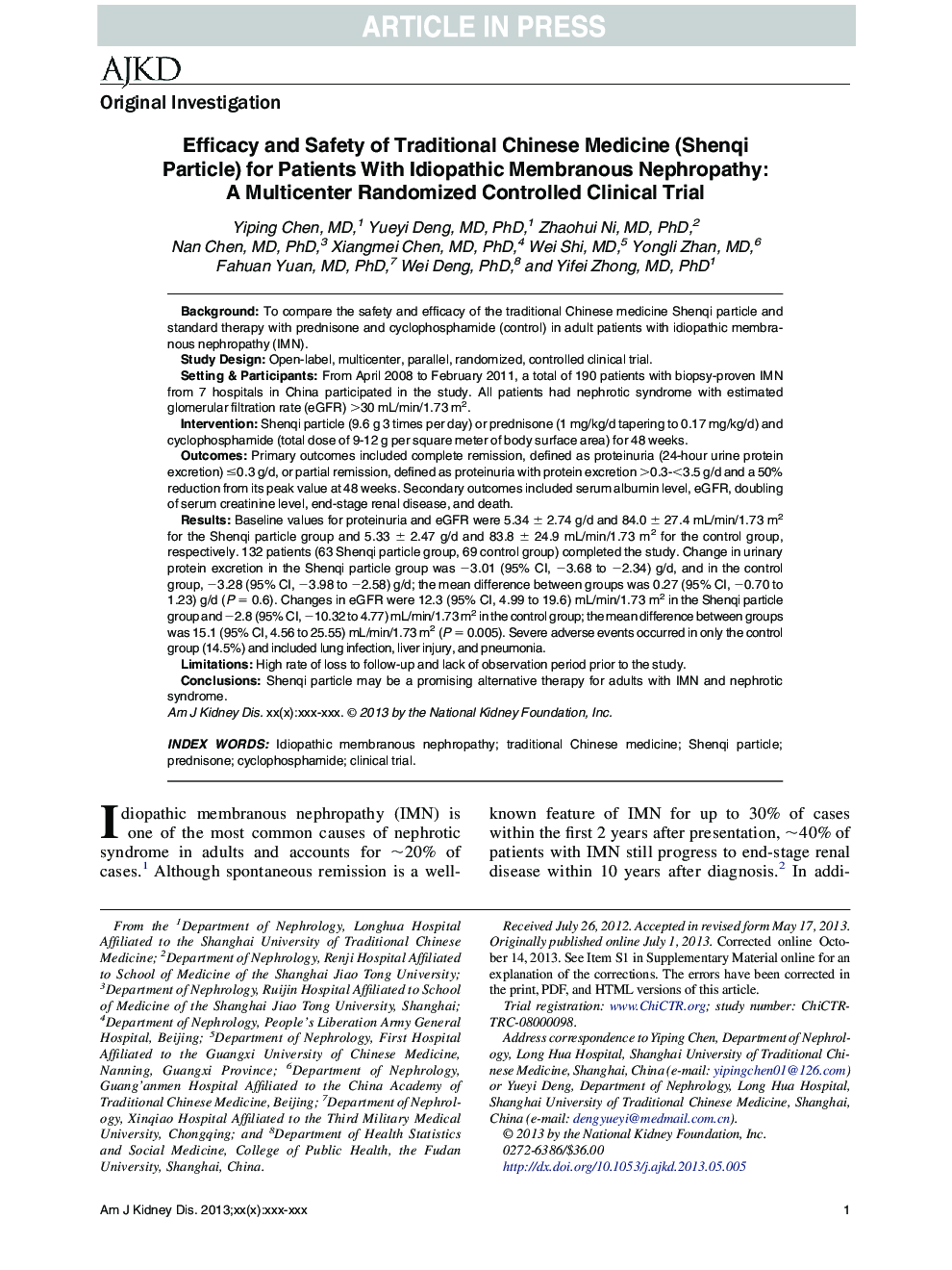 Efficacy and Safety of Traditional Chinese Medicine (Shenqi Particle) for Patients With Idiopathic Membranous Nephropathy: A Multicenter Randomized Controlled Clinical Trial