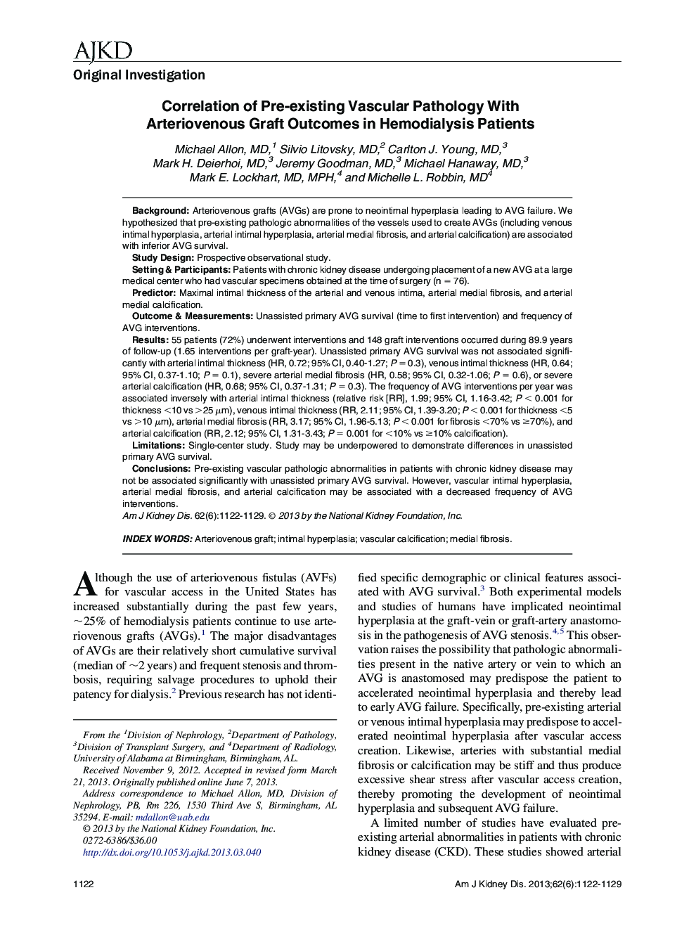 Correlation of Pre-existing Vascular Pathology With Arteriovenous Graft Outcomes in Hemodialysis Patients