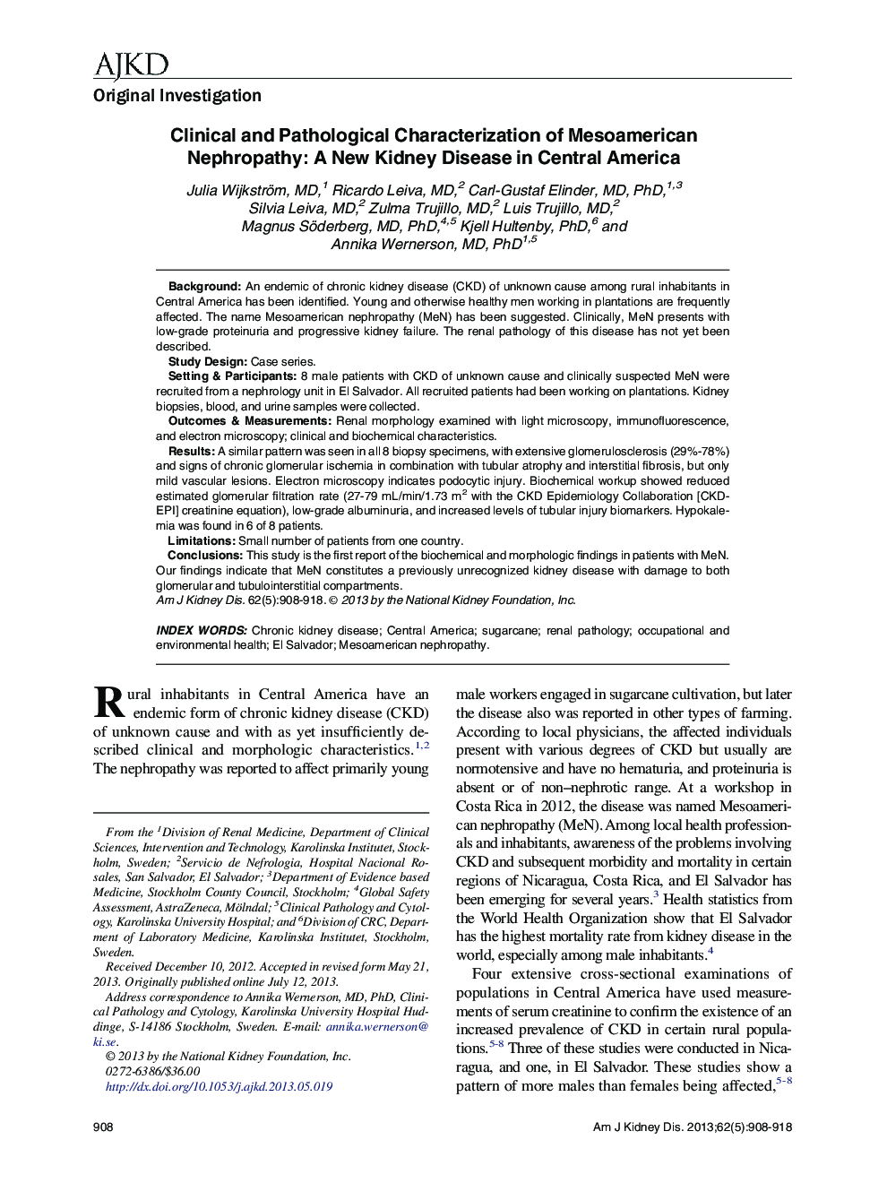 Clinical and Pathological Characterization of Mesoamerican Nephropathy: A New Kidney Disease in Central America