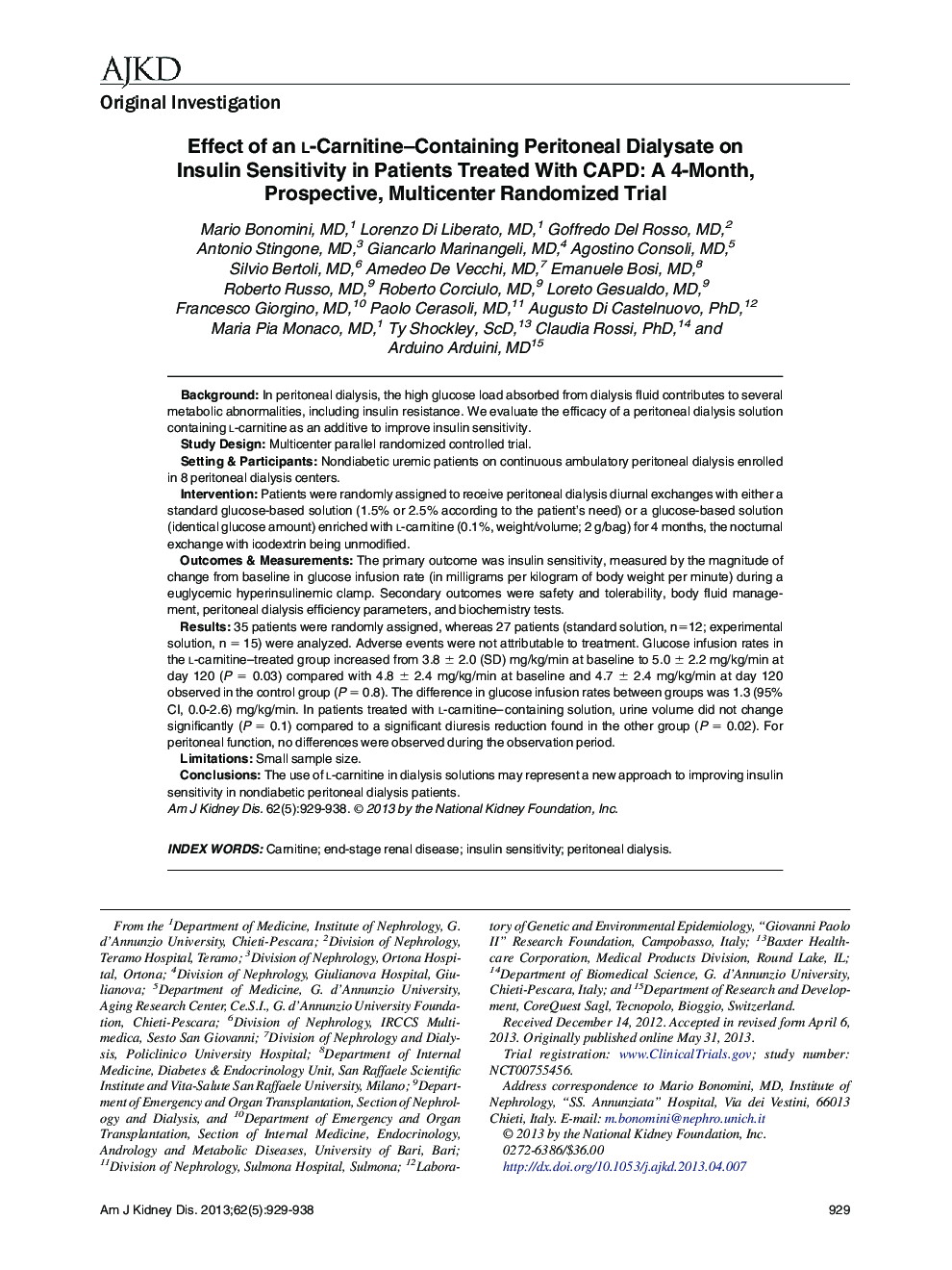 Effect of an l-Carnitine-Containing Peritoneal Dialysate on Insulin Sensitivity in Patients Treated With CAPD: A 4-Month, Prospective, Multicenter Randomized Trial