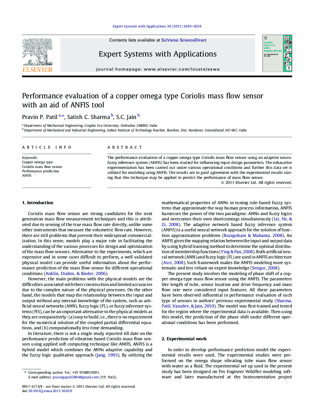 Performance evaluation of a copper omega type Coriolis mass flow sensor with an aid of ANFIS tool