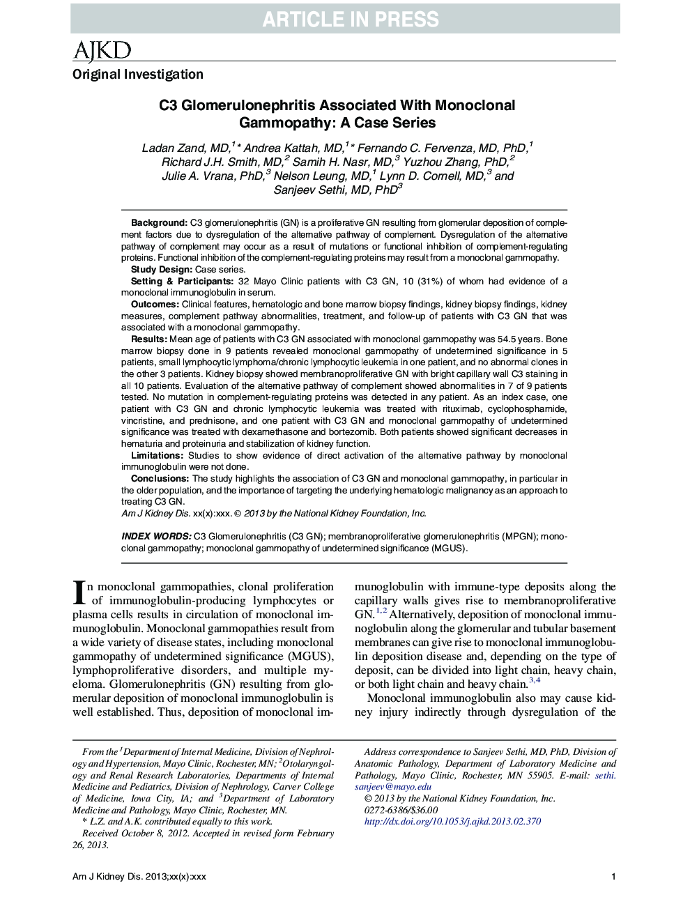 C3 Glomerulonephritis Associated With Monoclonal Gammopathy: A Case Series