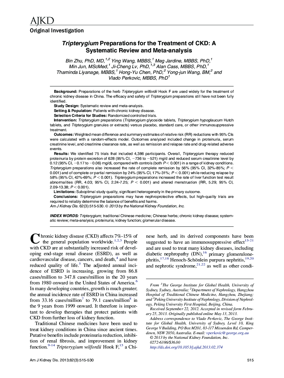 Tripterygium Preparations for the Treatment of CKD: A Systematic Review and Meta-analysis