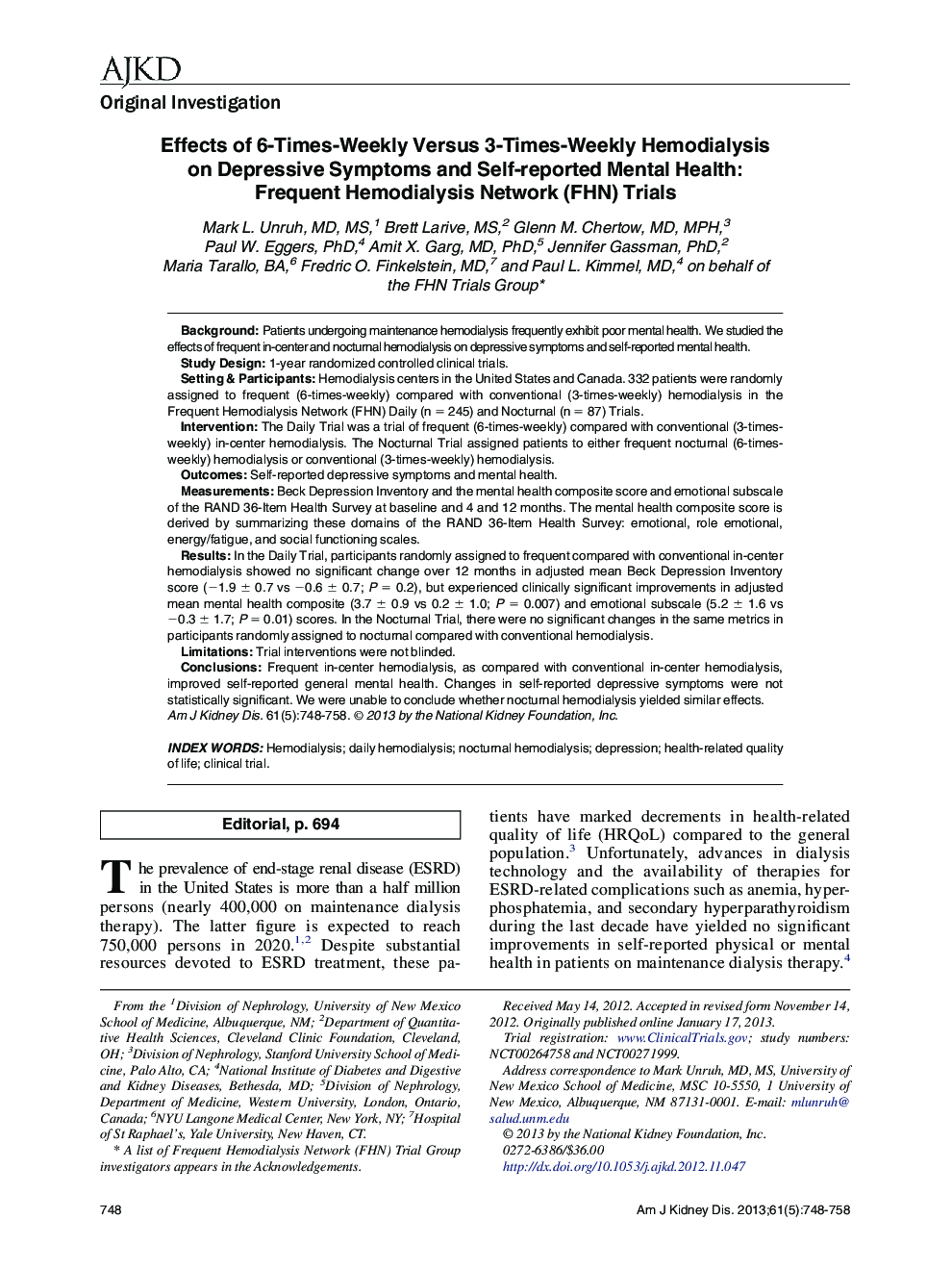 Effects of 6-Times-Weekly Versus 3-Times-Weekly Hemodialysis on Depressive Symptoms and Self-reported Mental Health: Frequent Hemodialysis Network (FHN) Trials