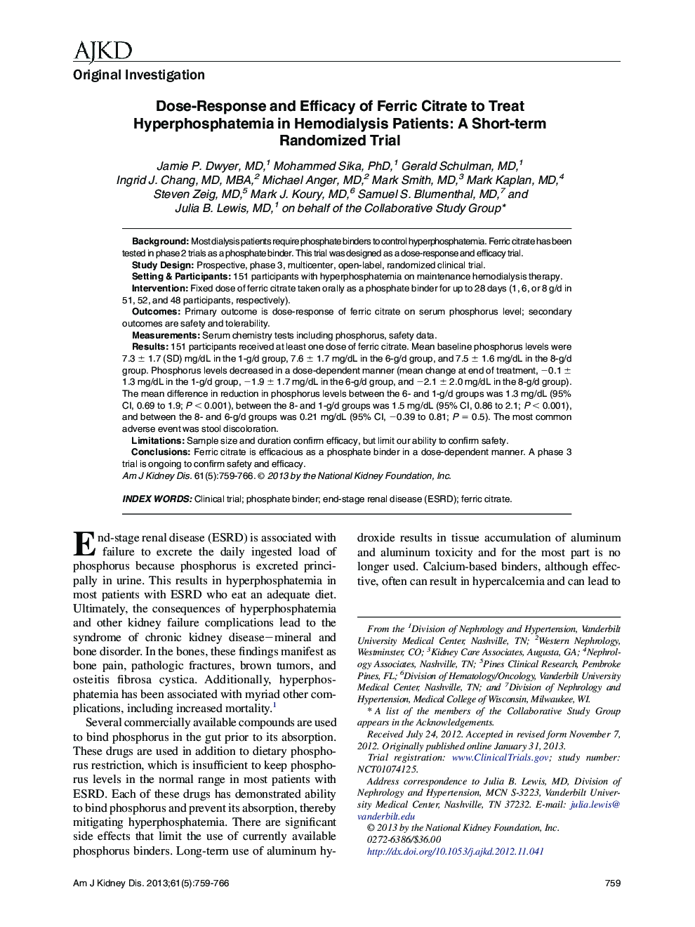 Dose-Response and Efficacy of Ferric Citrate to Treat Hyperphosphatemia in Hemodialysis Patients: A Short-term Randomized Trial