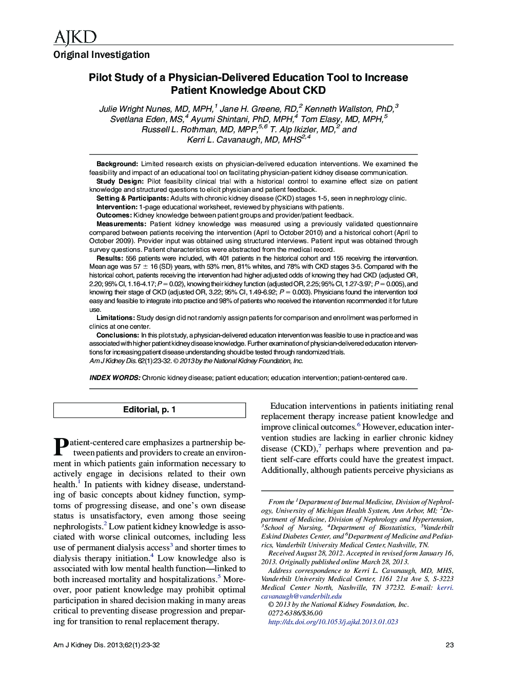 Pilot Study of a Physician-Delivered Education Tool to Increase Patient Knowledge About CKD