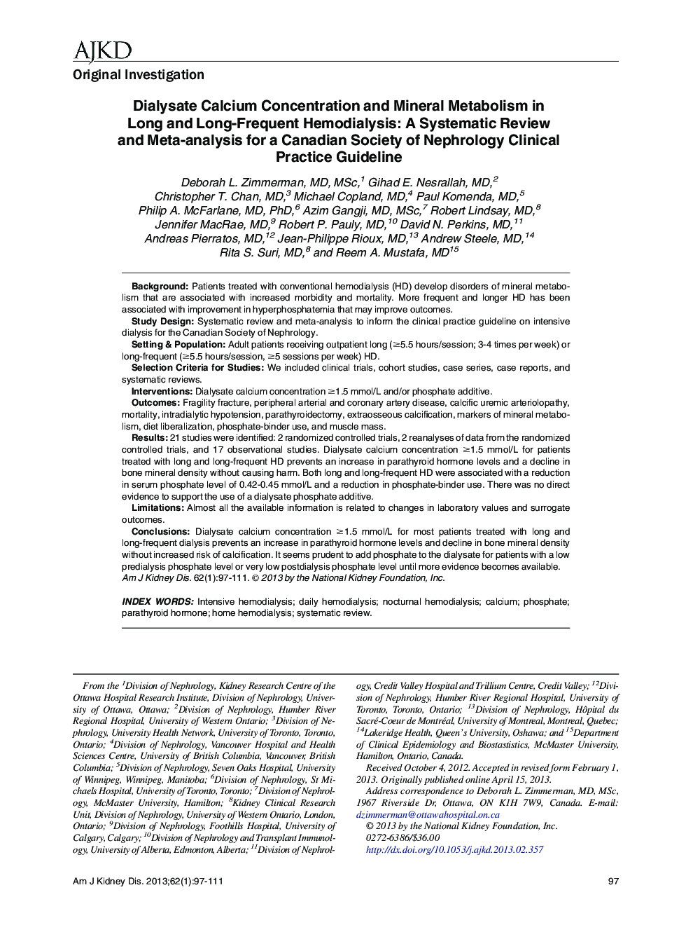 Dialysate Calcium Concentration and Mineral Metabolism in Long and Long-Frequent Hemodialysis: A Systematic Review and Meta-analysis for a Canadian Society of Nephrology Clinical Practice Guideline