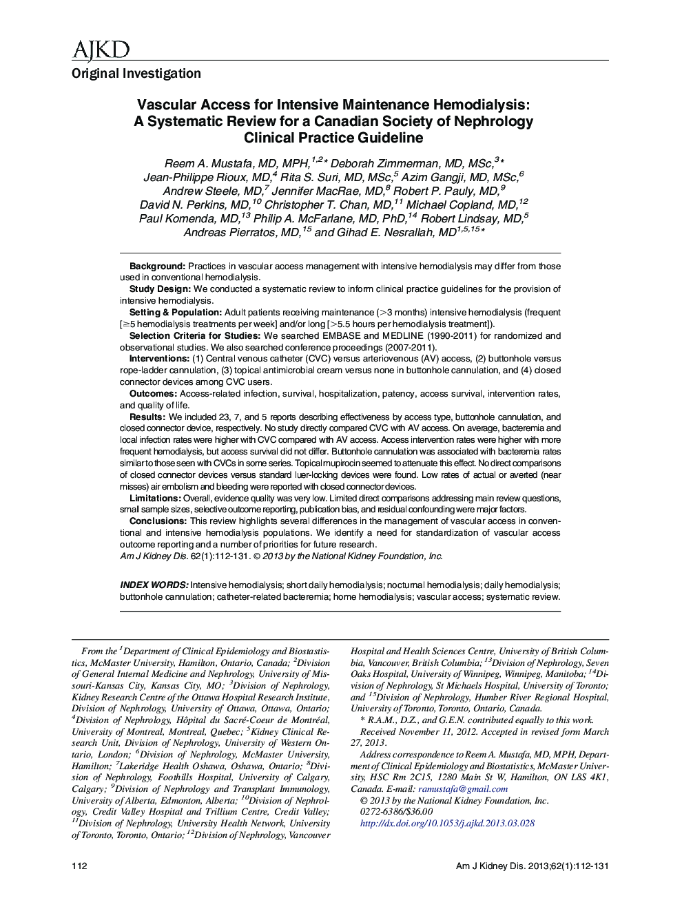 Vascular Access for Intensive Maintenance Hemodialysis: A Systematic Review for a Canadian Society of Nephrology Clinical Practice Guideline