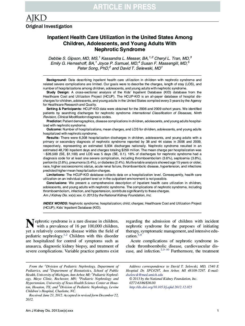 Inpatient Health Care Utilization in the United States Among Children, Adolescents, and Young Adults With Nephrotic Syndrome