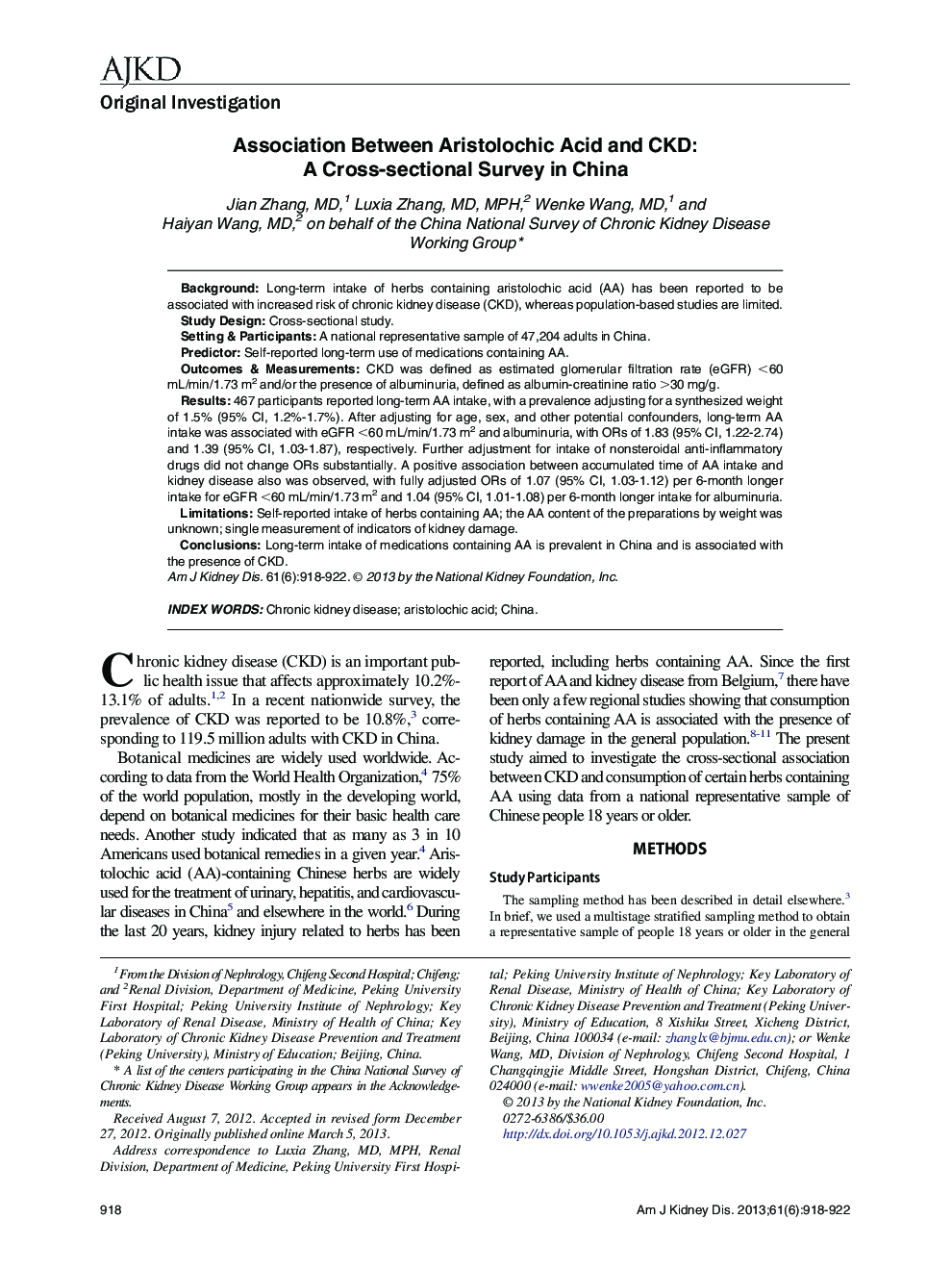 Association Between Aristolochic Acid and CKD: A Cross-sectional Survey in China