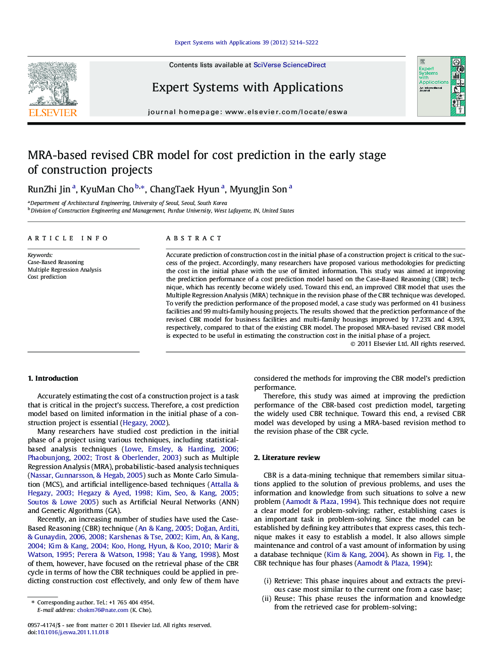 MRA-based revised CBR model for cost prediction in the early stage of construction projects