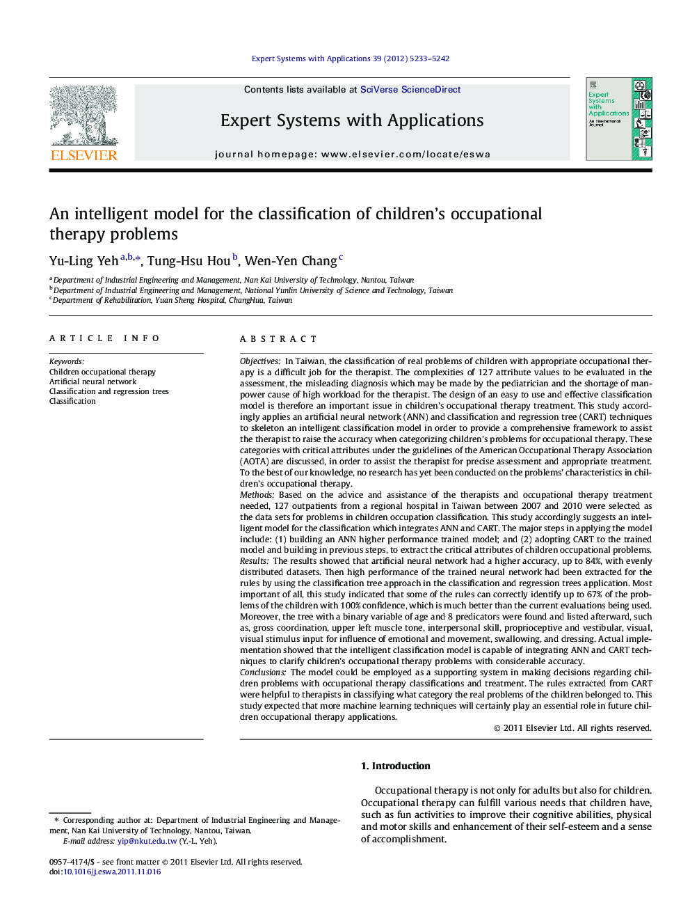 An intelligent model for the classification of children’s occupational therapy problems