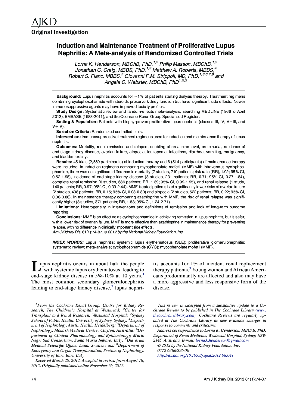 Induction and Maintenance Treatment of Proliferative Lupus Nephritis: A Meta-analysis of Randomized Controlled Trials