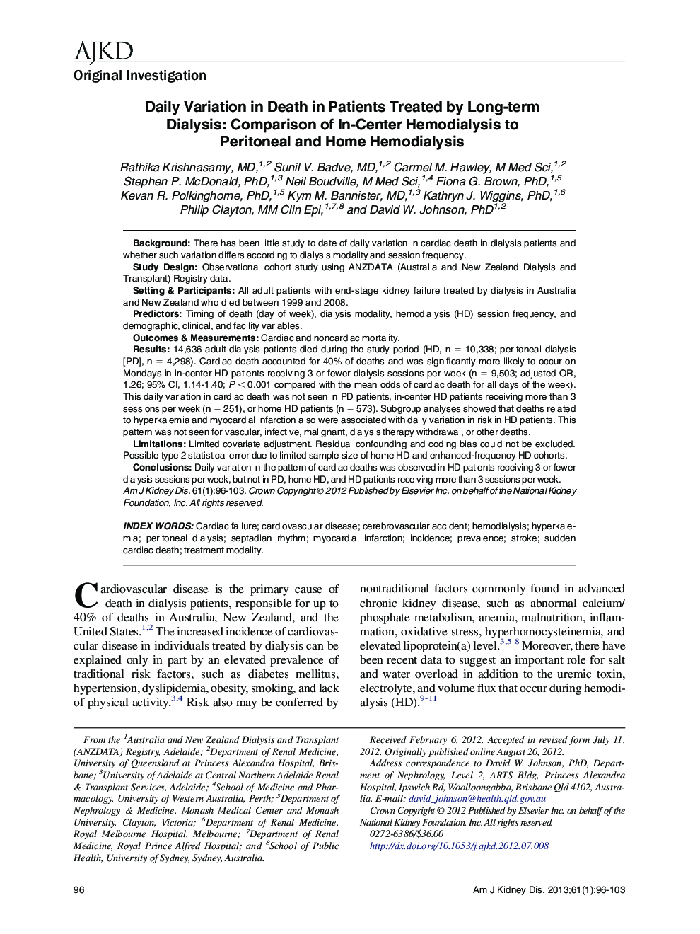 Daily Variation in Death in Patients Treated by Long-term Dialysis: Comparison of In-Center Hemodialysis to Peritoneal and Home Hemodialysis