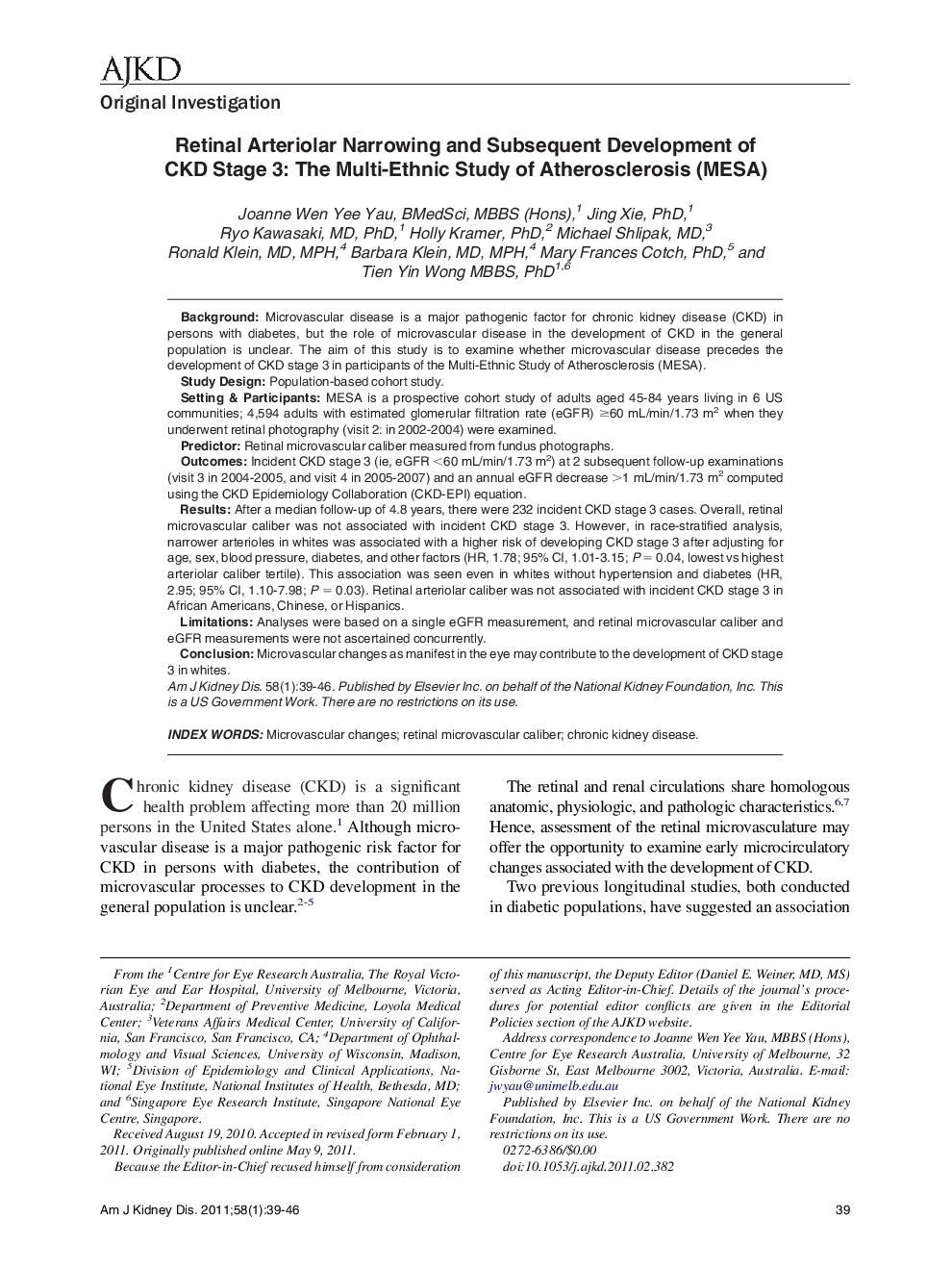 عکس صفحه اول مقاله: Retinal Arteriolar Narrowing and Subsequent Development of CKD Stage 3: The Multi-Ethnic Study of Atherosclerosis (MESA) Retinal Arteriolar Narrowing and Subsequent Development of CKD Stage 3: The Multi-Ethnic Study of Atherosclerosis (MESA)