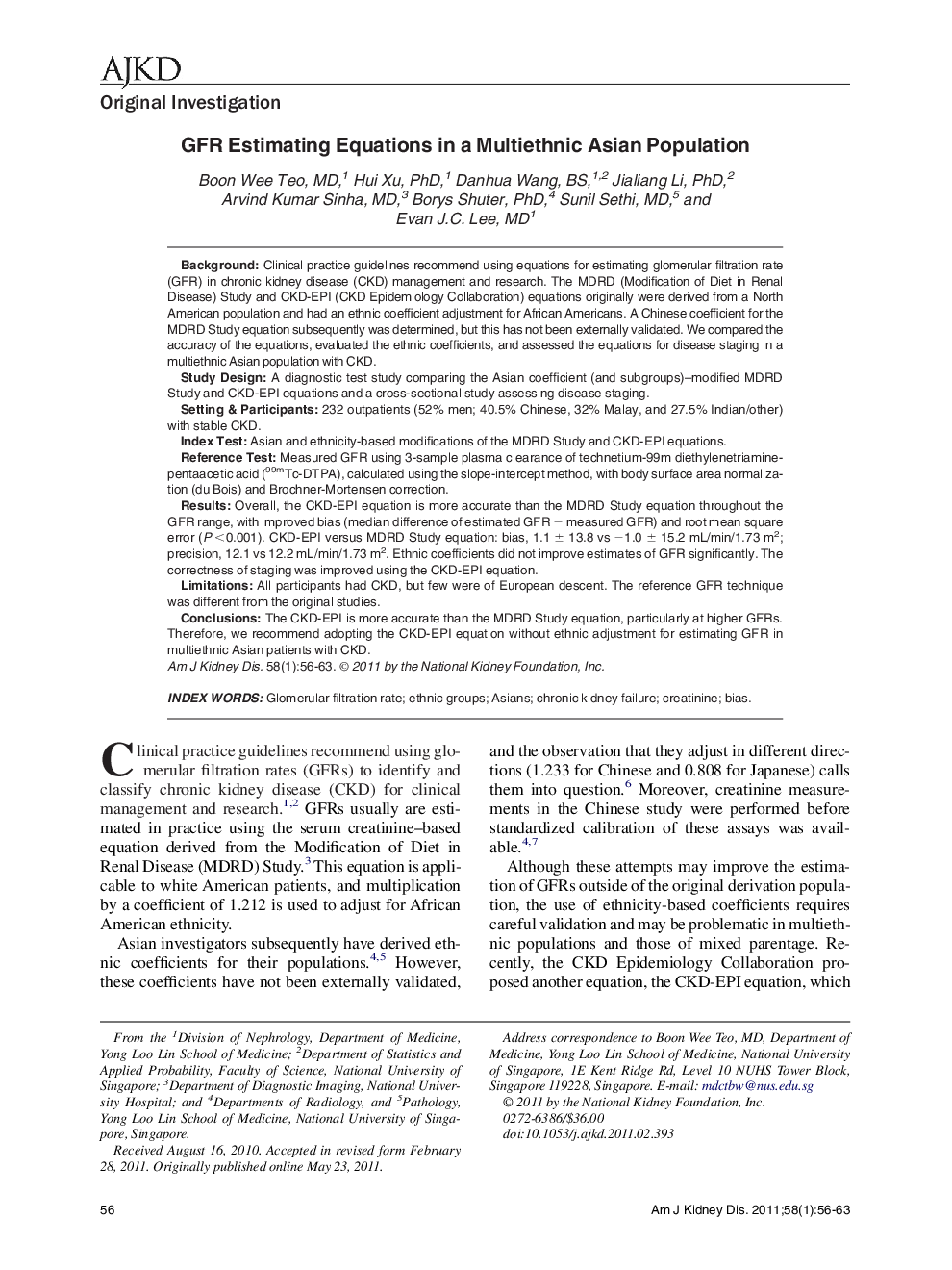 GFR Estimating Equations in a Multiethnic Asian Population