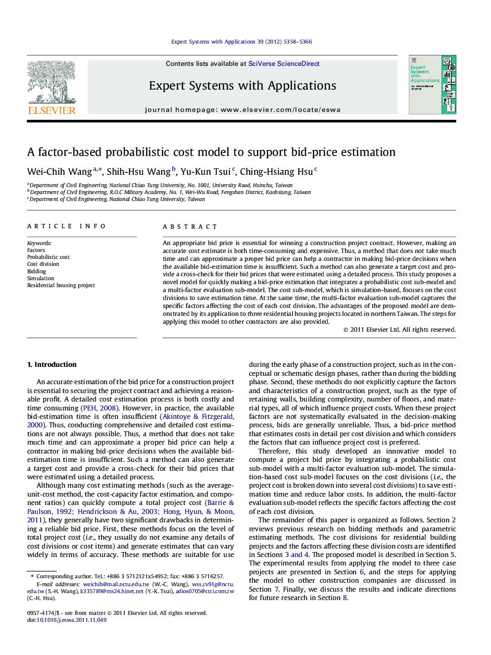 A factor-based probabilistic cost model to support bid-price estimation