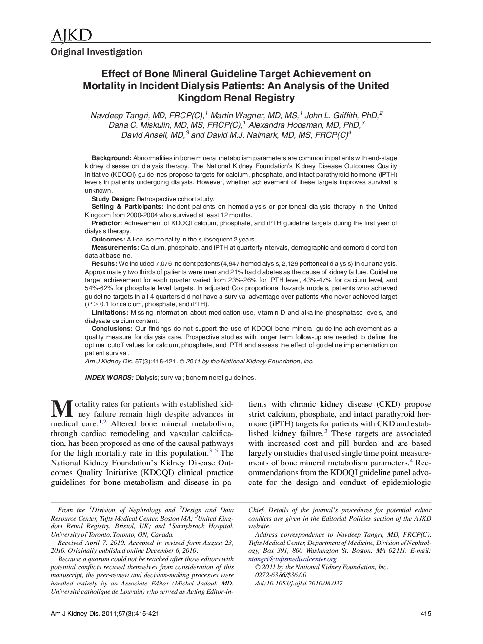 Effect of Bone Mineral Guideline Target Achievement on Mortality in Incident Dialysis Patients: An Analysis of the United Kingdom Renal Registry