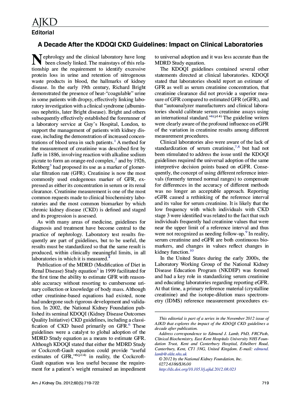 A Decade After the KDOQI CKD Guidelines: Impact on Clinical Laboratories