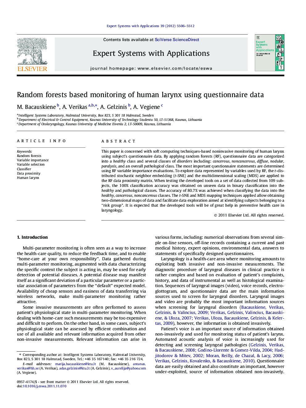 Random forests based monitoring of human larynx using questionnaire data