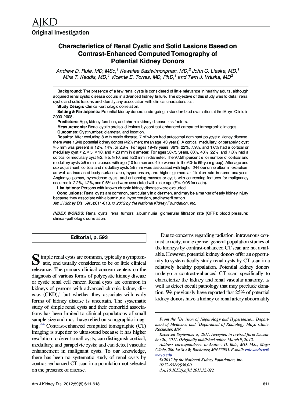 Characteristics of Renal Cystic and Solid Lesions Based on Contrast-Enhanced Computed Tomography of Potential Kidney Donors