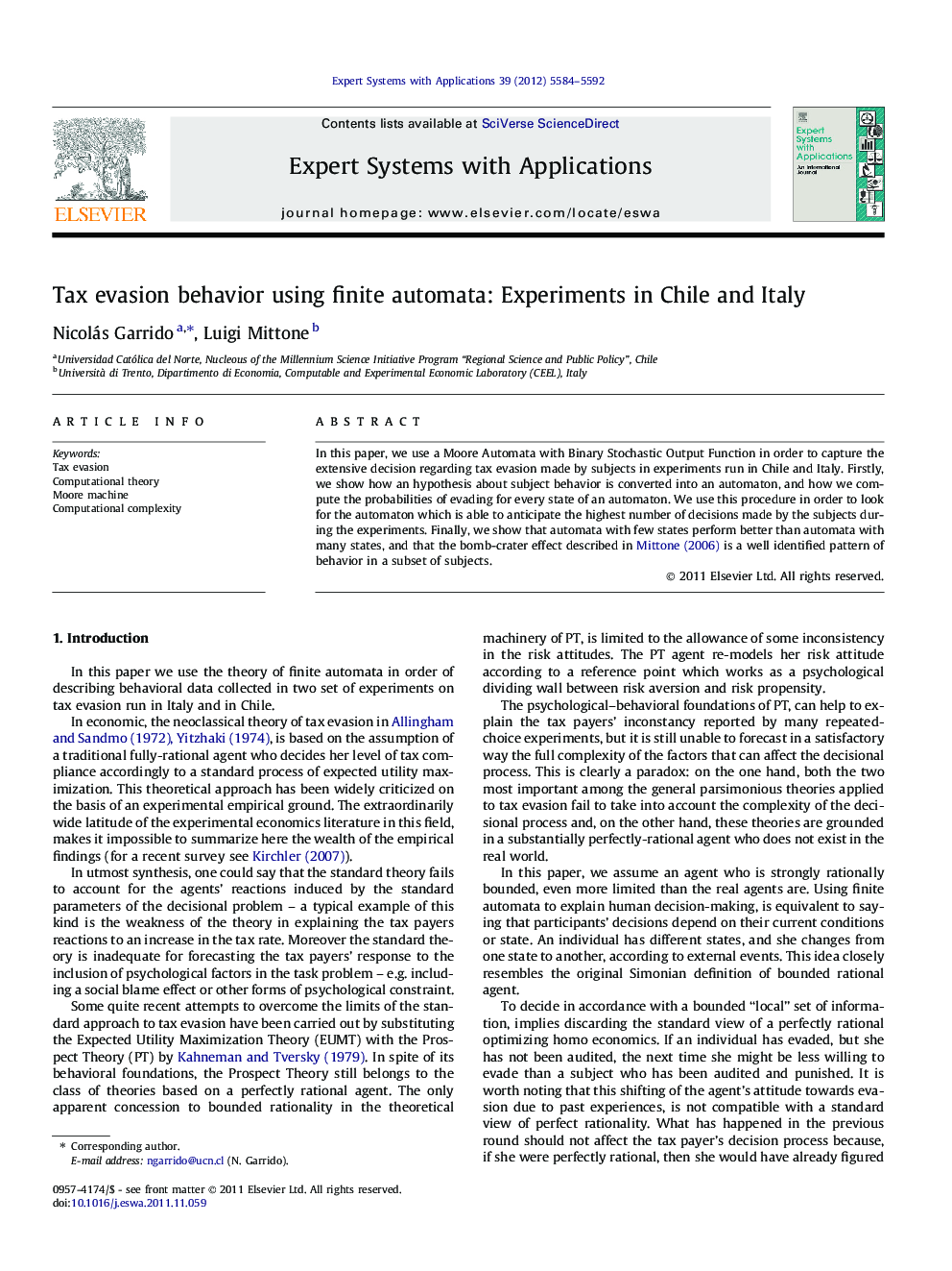 عکس صفحه اول مقاله: Tax evasion behavior using finite automata: Experiments in Chile and Italy Tax evasion behavior using finite automata: Experiments in Chile and Italy