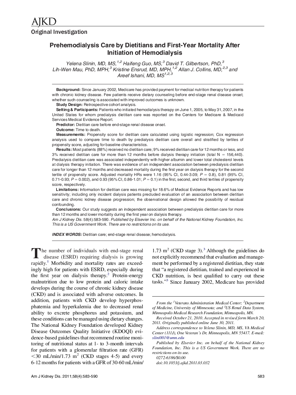 Prehemodialysis Care by Dietitians and First-Year Mortality After Initiation of Hemodialysis