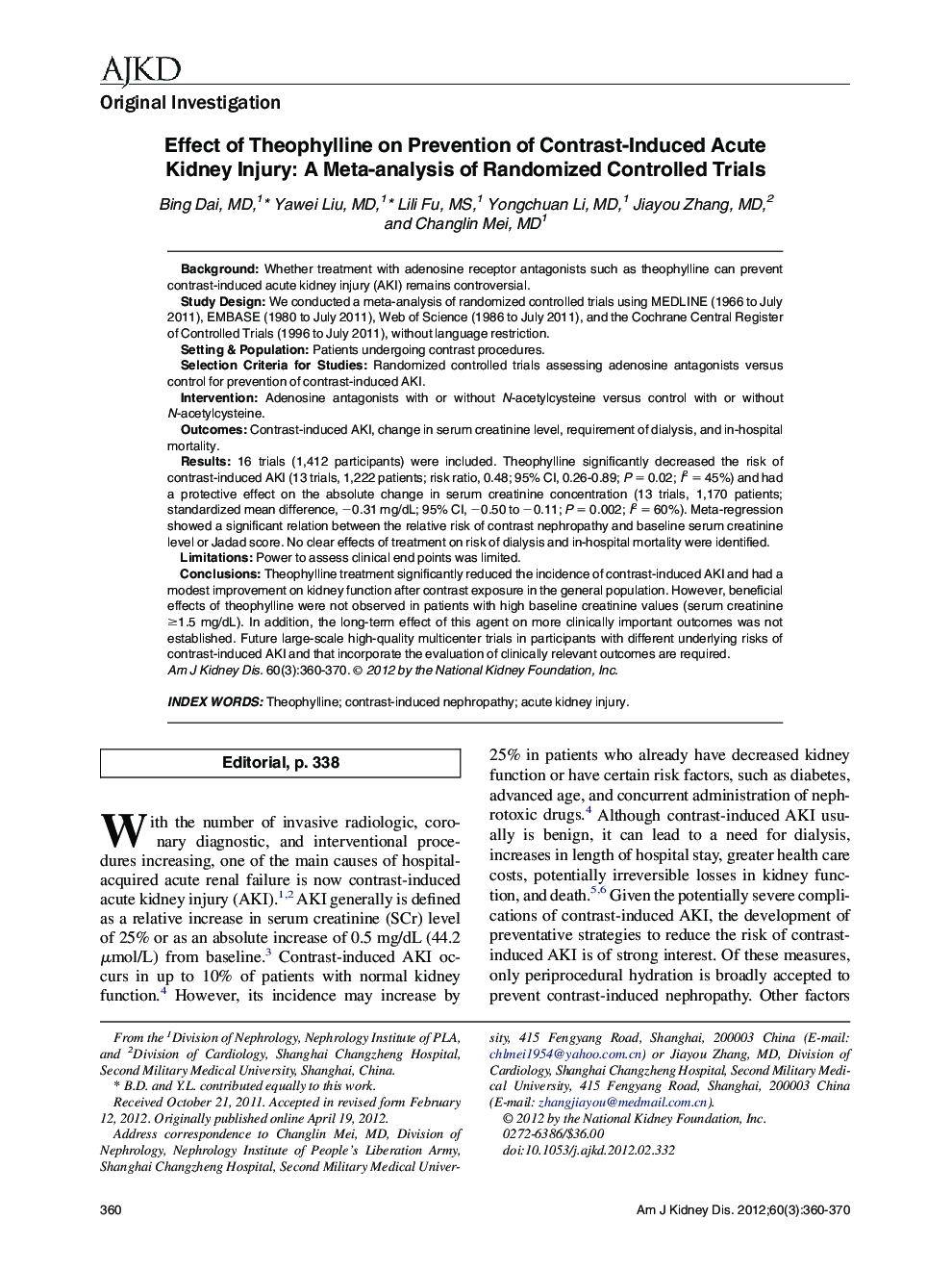 Effect of Theophylline on Prevention of Contrast-Induced Acute Kidney Injury: A Meta-analysis of Randomized Controlled Trials