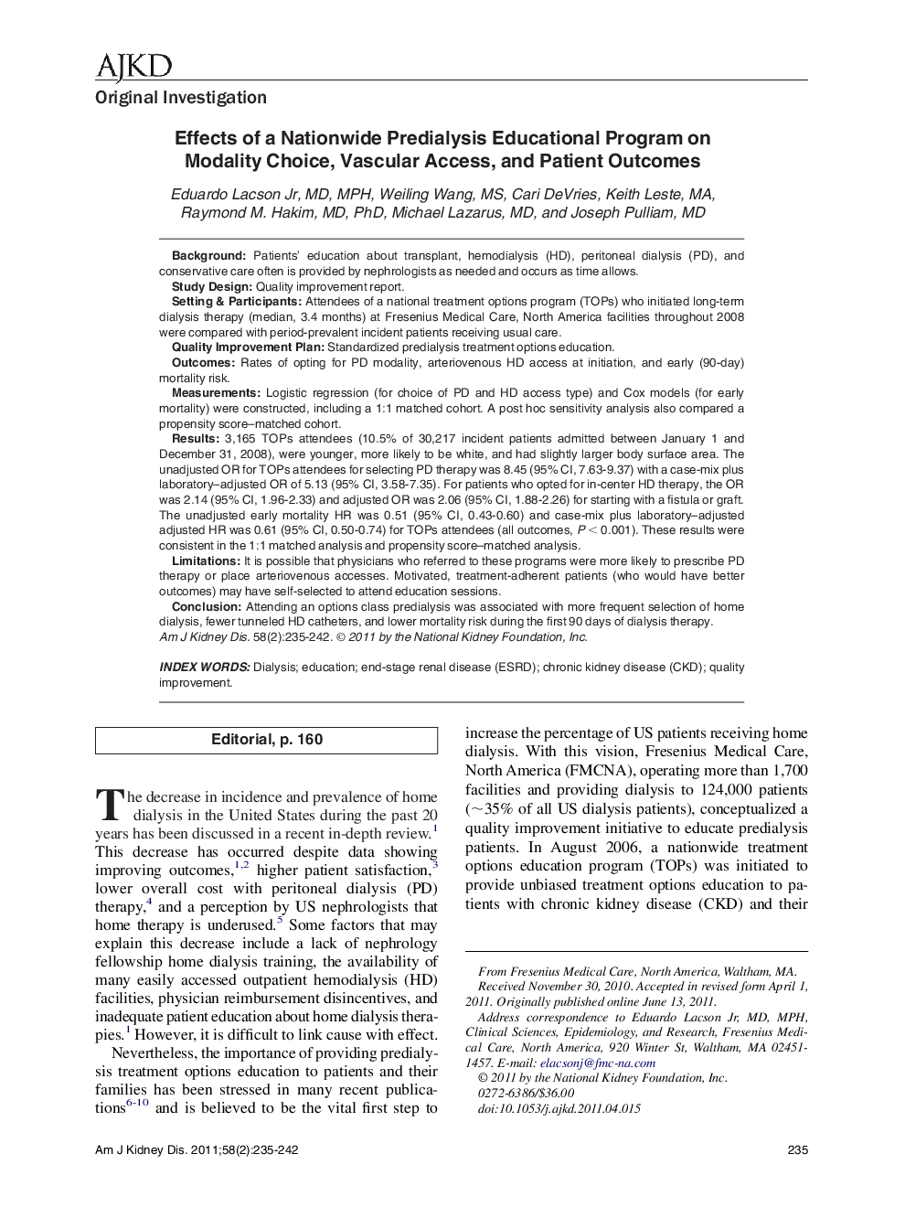 Effects of a Nationwide Predialysis Educational Program on Modality Choice, Vascular Access, and Patient Outcomes