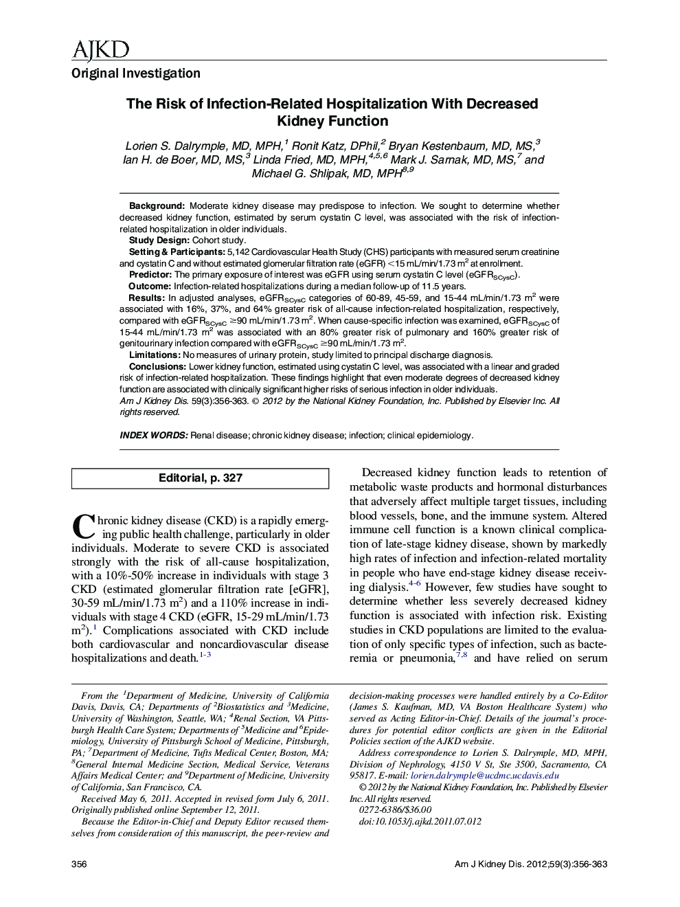 The Risk of Infection-Related Hospitalization With Decreased Kidney Function