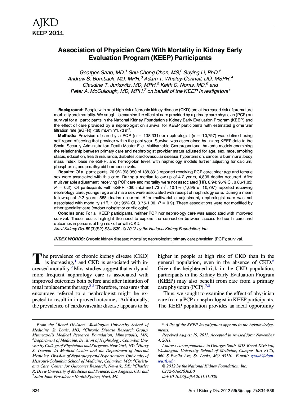 Association of Physician Care With Mortality in Kidney Early Evaluation Program (KEEP) Participants