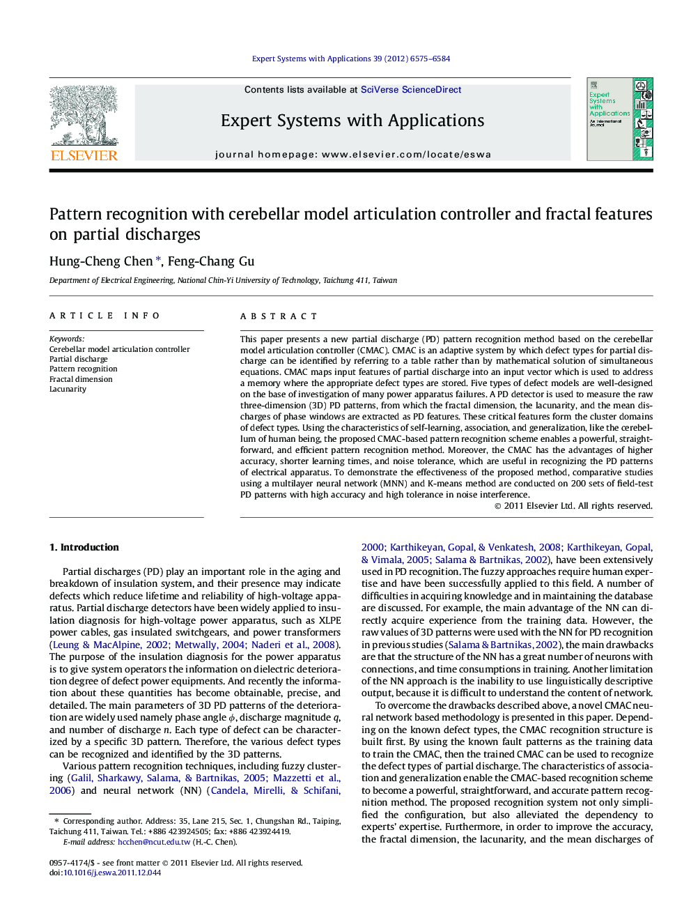 Pattern recognition with cerebellar model articulation controller and fractal features on partial discharges