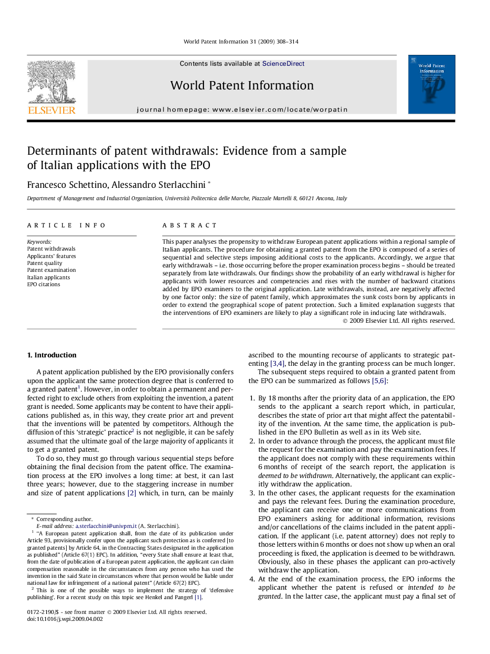 Determinants of patent withdrawals: Evidence from a sample of Italian applications with the EPO