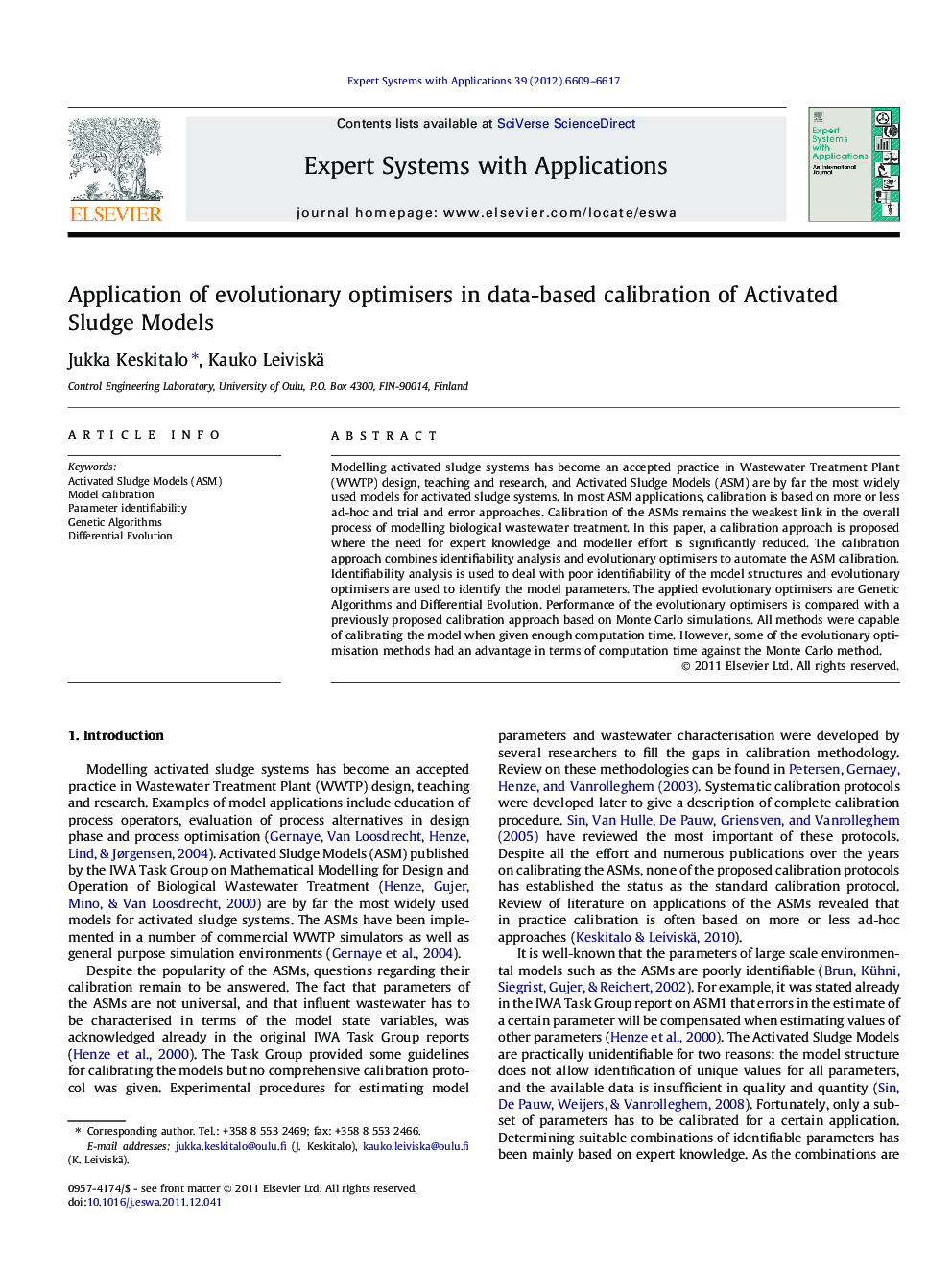 Application of evolutionary optimisers in data-based calibration of Activated Sludge Models