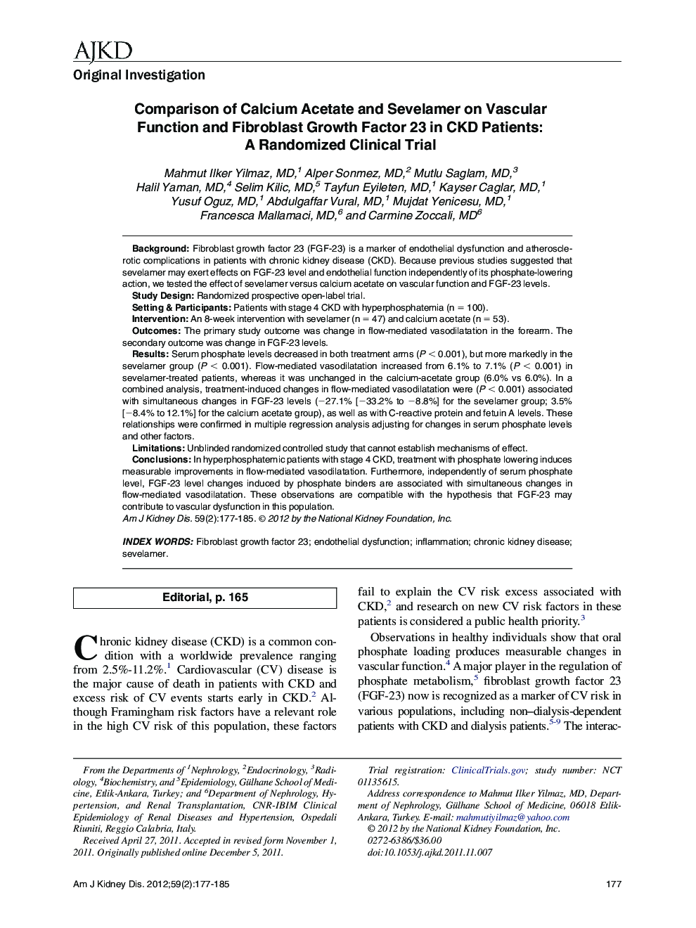 Comparison of Calcium Acetate and Sevelamer on Vascular Function and Fibroblast Growth Factor 23 in CKD Patients: A Randomized Clinical Trial