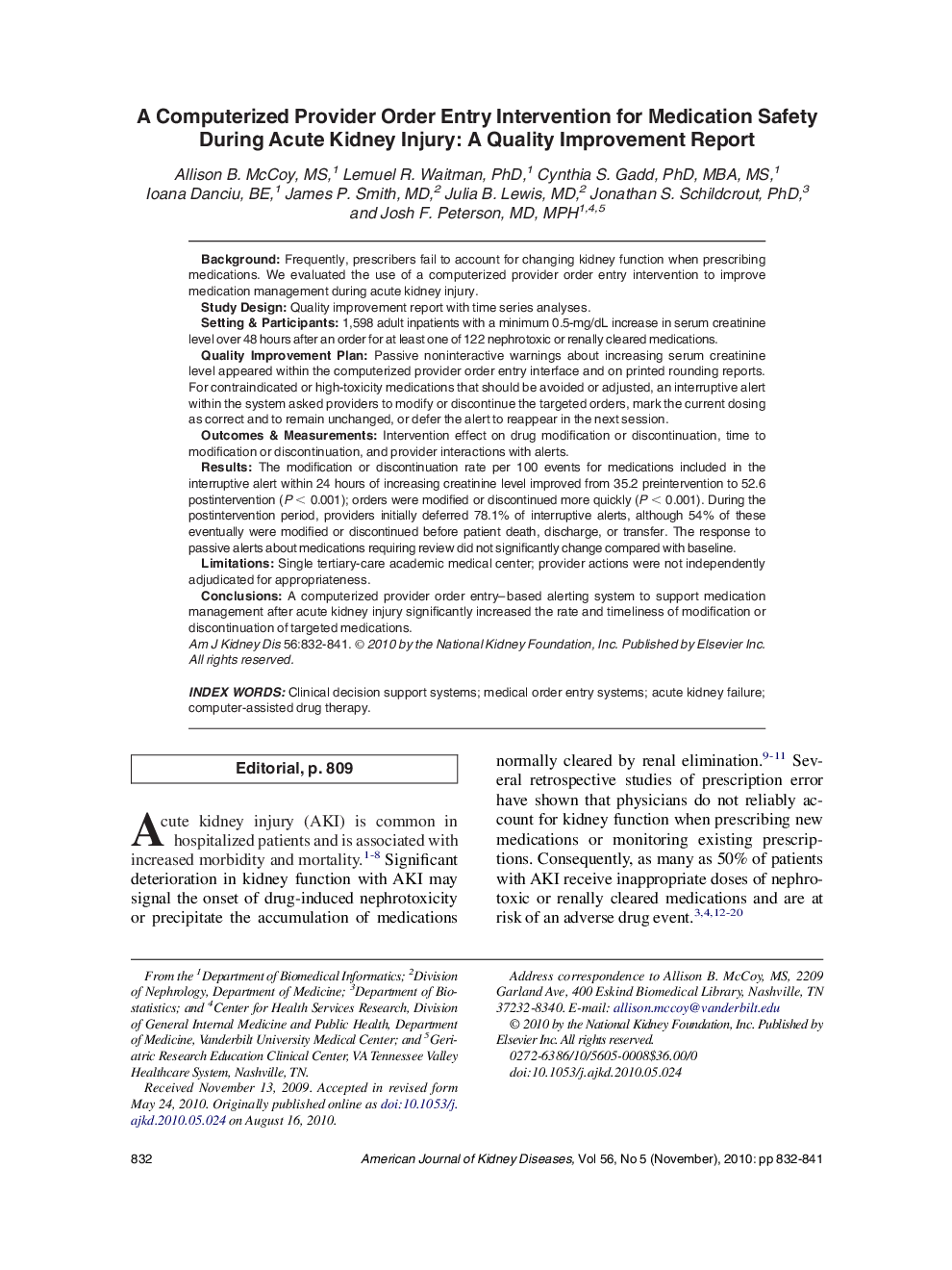 A Computerized Provider Order Entry Intervention for Medication Safety During Acute Kidney Injury: A Quality Improvement Report