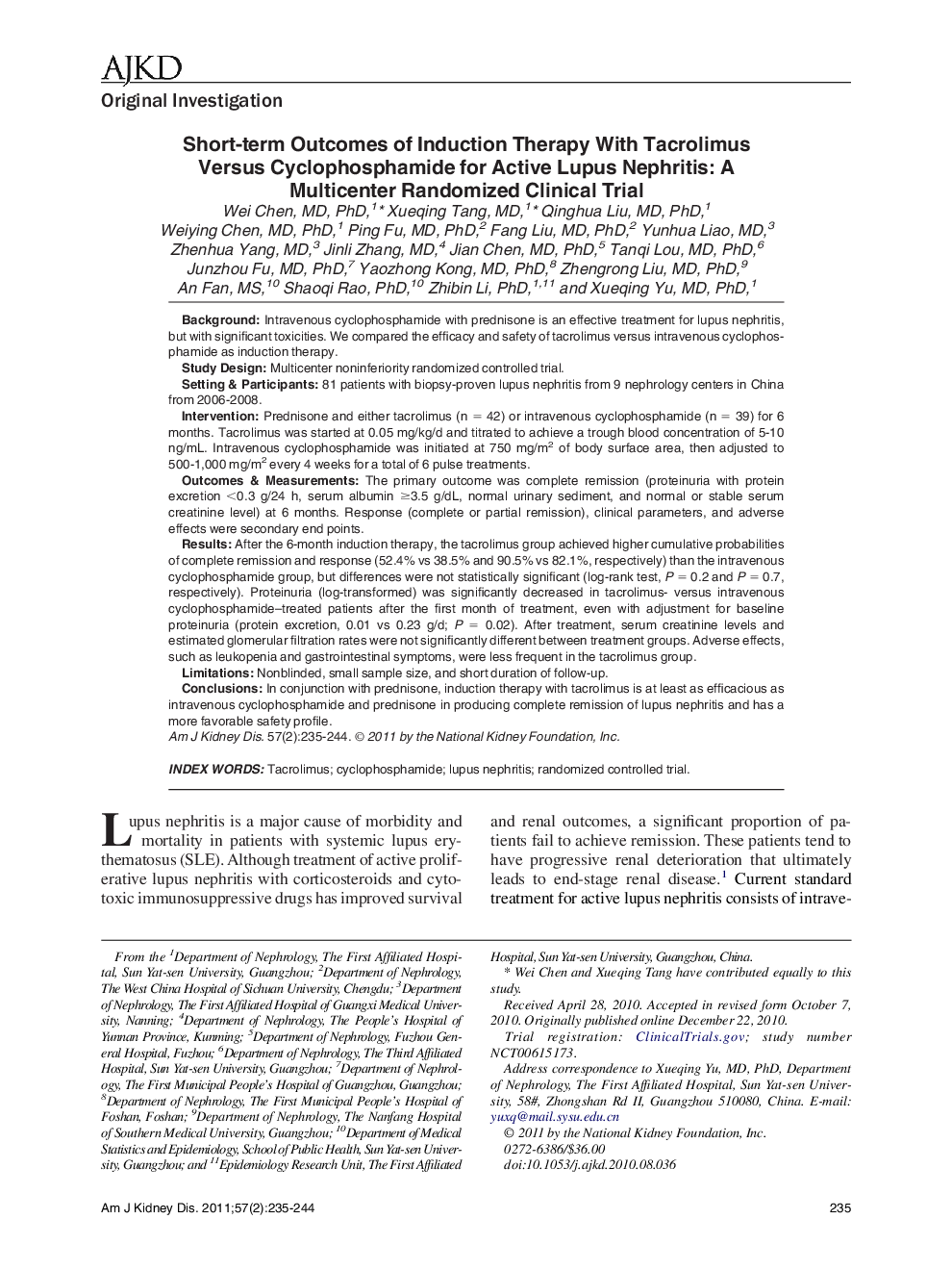 Short-term Outcomes of Induction Therapy With Tacrolimus Versus Cyclophosphamide for Active Lupus Nephritis: A Multicenter Randomized Clinical Trial