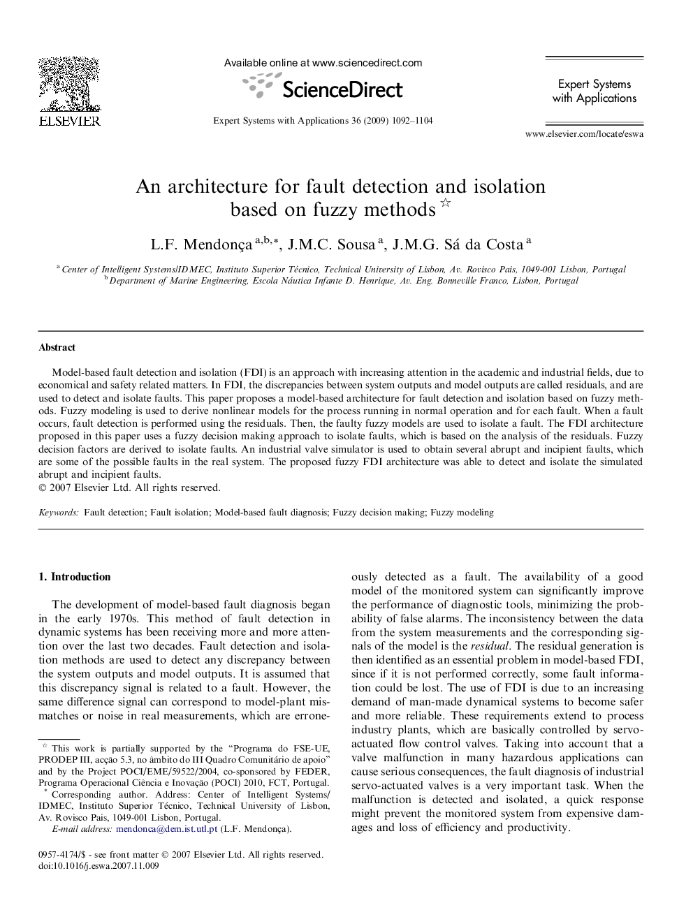 An architecture for fault detection and isolation based on fuzzy methods 