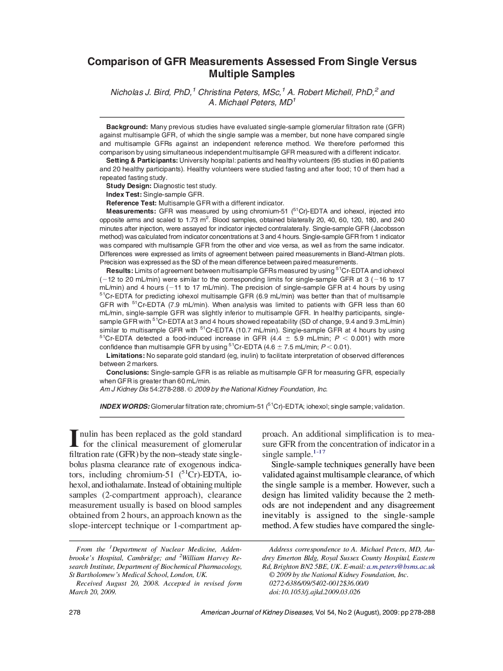 Comparison of GFR Measurements Assessed From Single Versus Multiple Samples