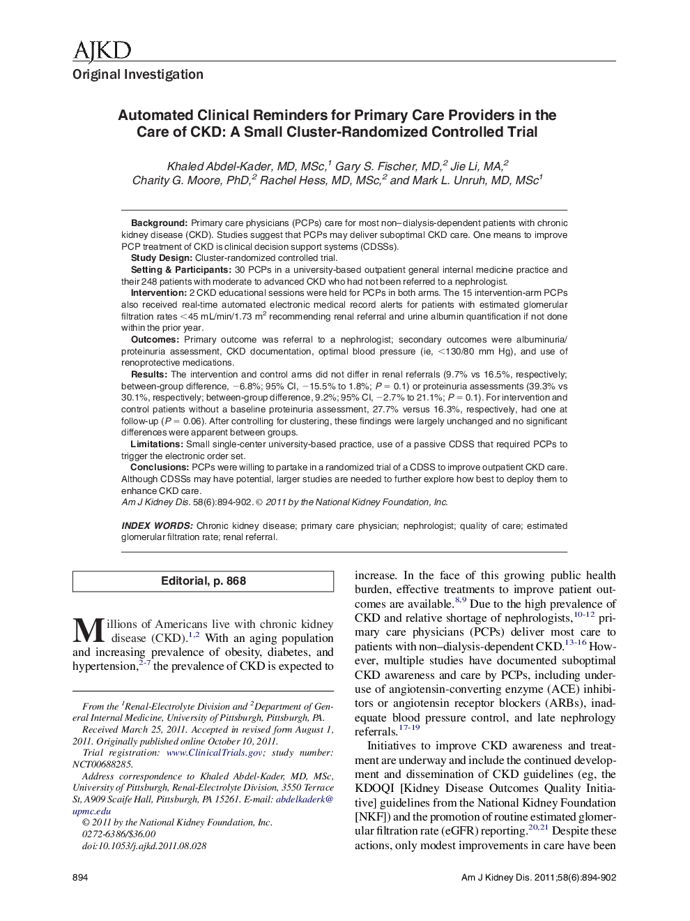 Automated Clinical Reminders for Primary Care Providers in the Care of CKD: A Small Cluster-Randomized Controlled Trial